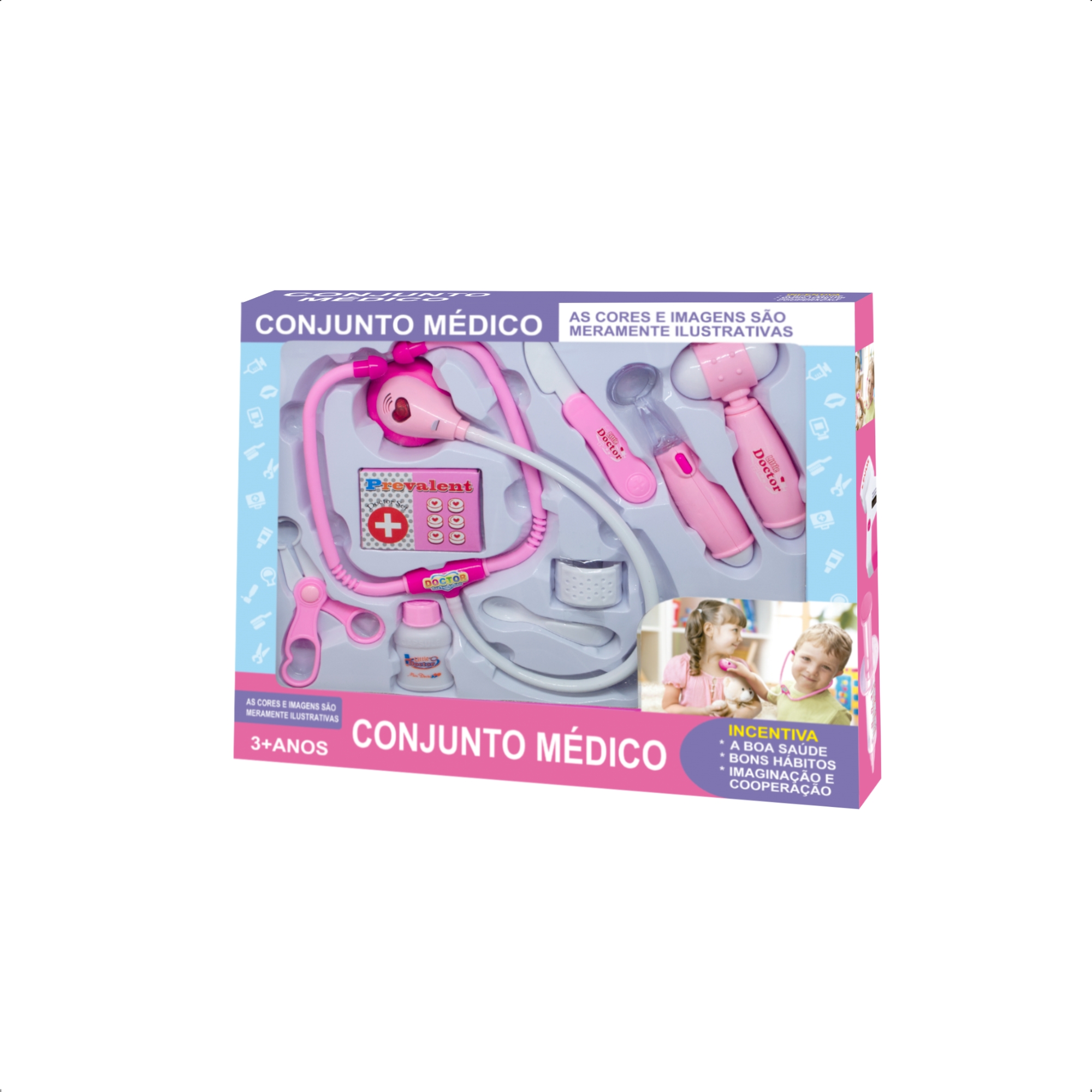 Brinquedo Kit Médico Rosa 9 Peças Interativo com Luz Infantil Faz de Conta-Fenix XMK-844R