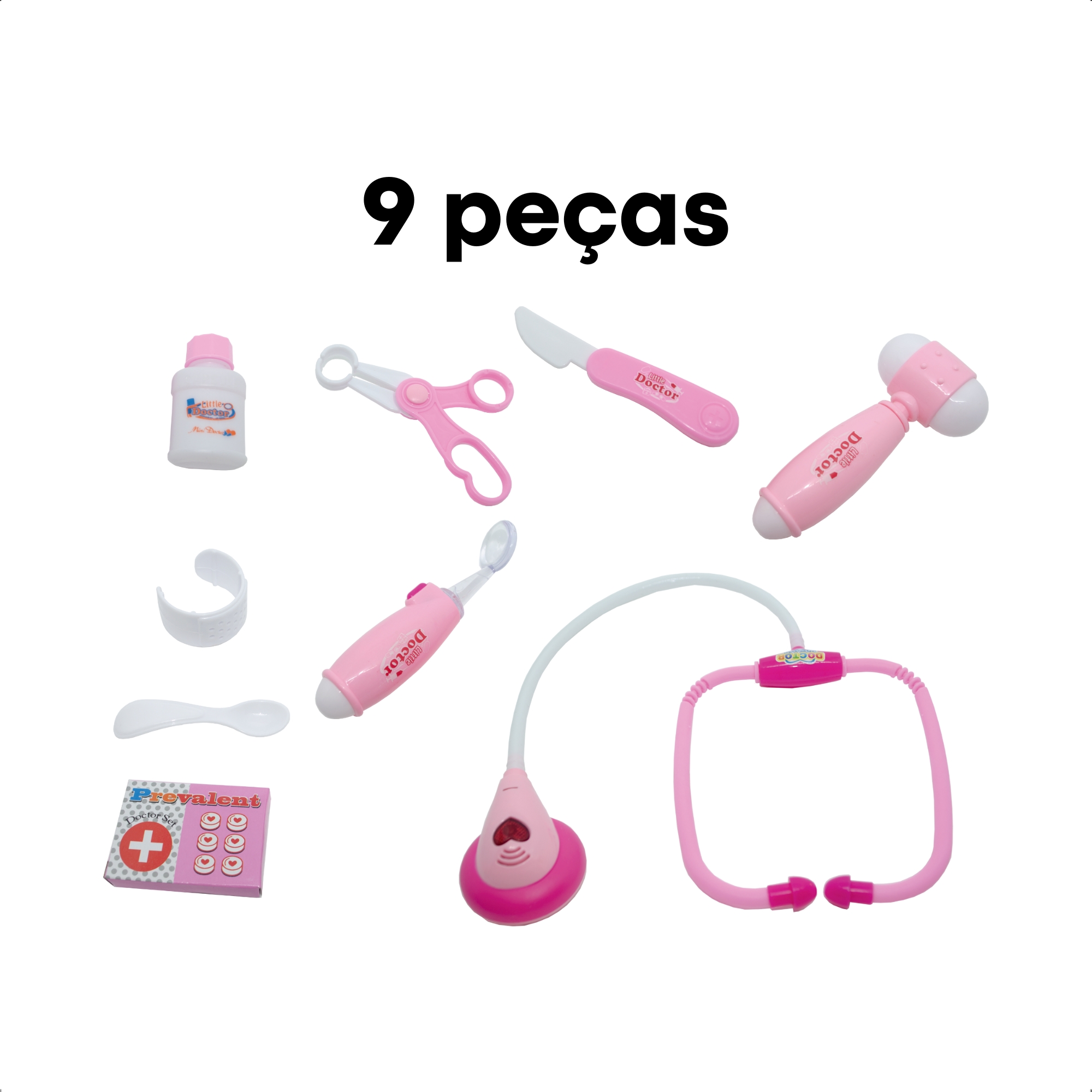 Brinquedo Kit Médico Rosa 9 Peças Interativo com Luz Infantil Faz de Conta-Fenix XMK-844R