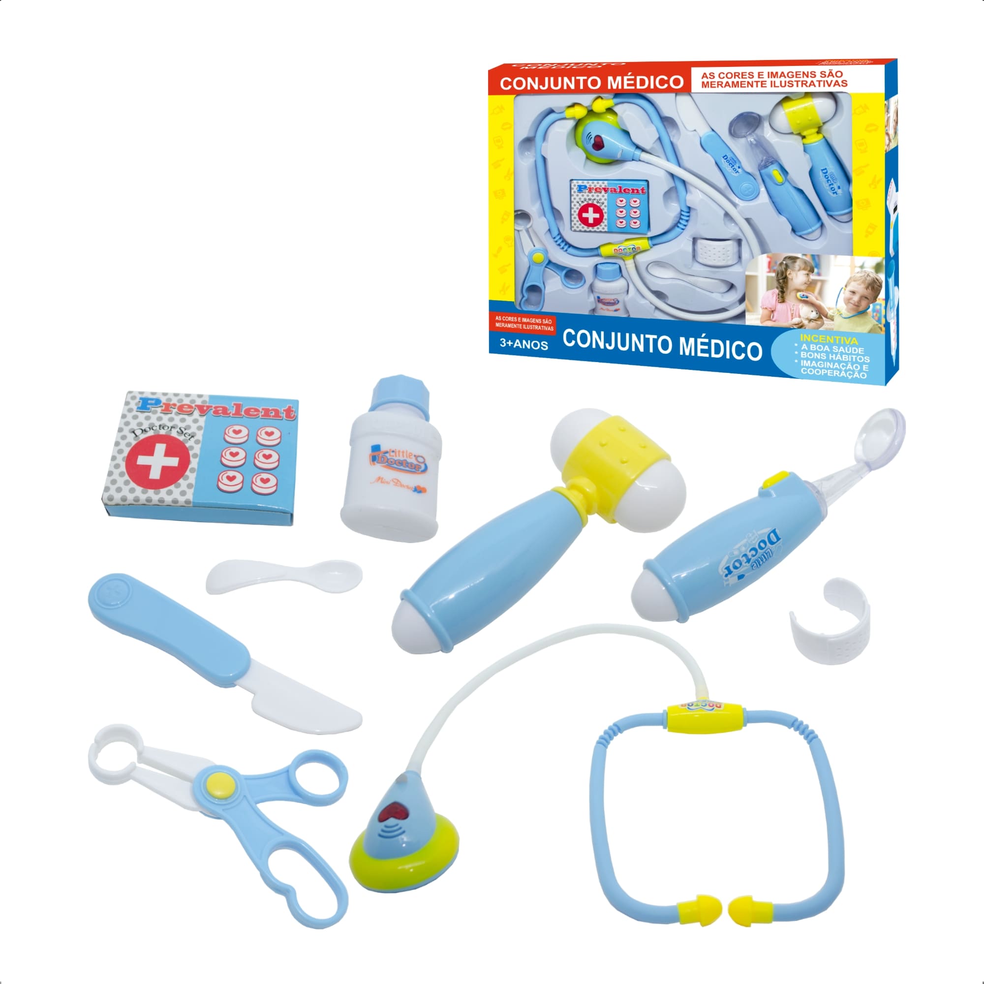 Brinquedo Kit Médico Azul 9 Peças Interativo com Luz Infantil Faz de Conta -Fenix XMK-844 A