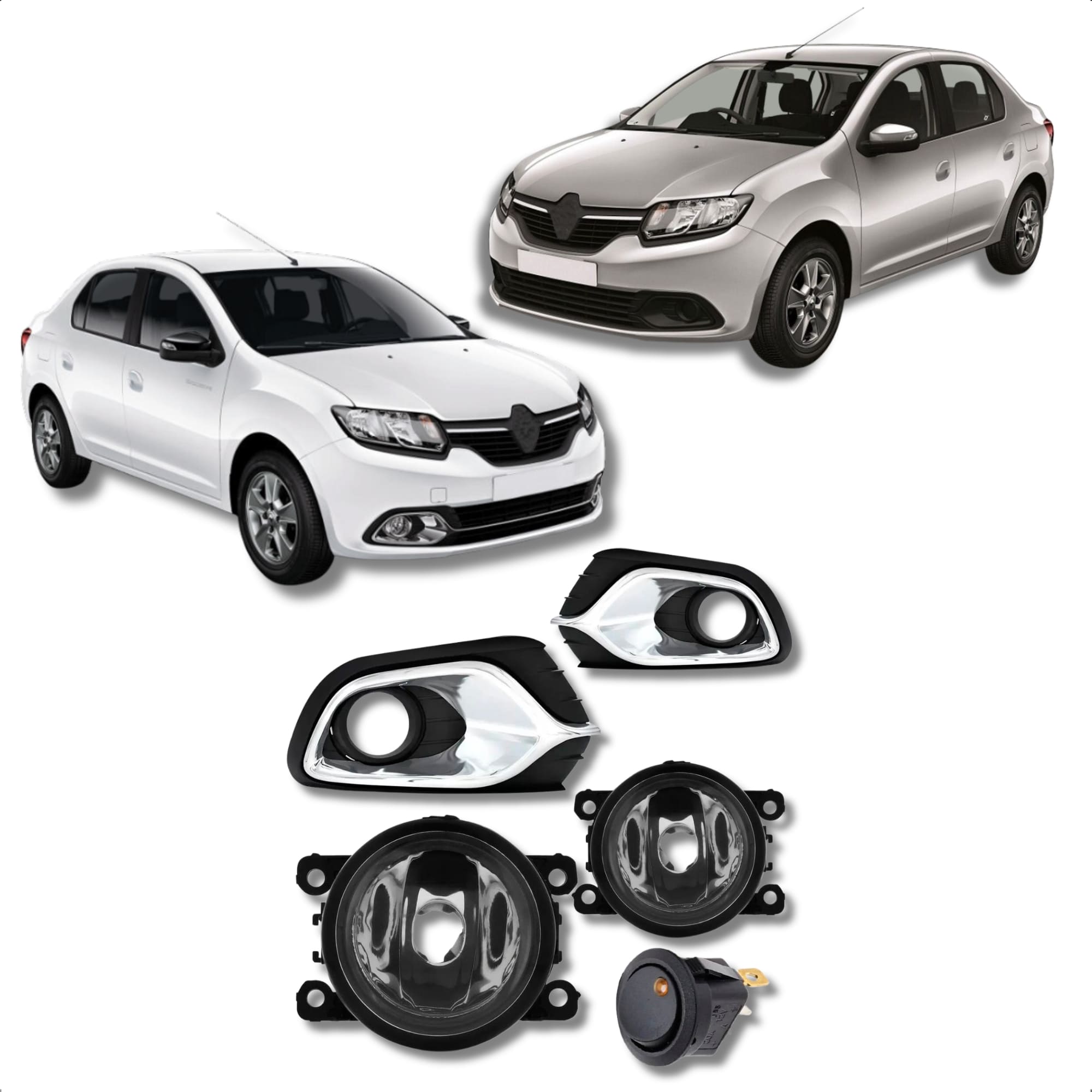 Kit Farol de Milha para Renault Logan 2015 a 2018 Moldura Cromo Botão Tic Tac 2 Pinos Suits - STS926RN