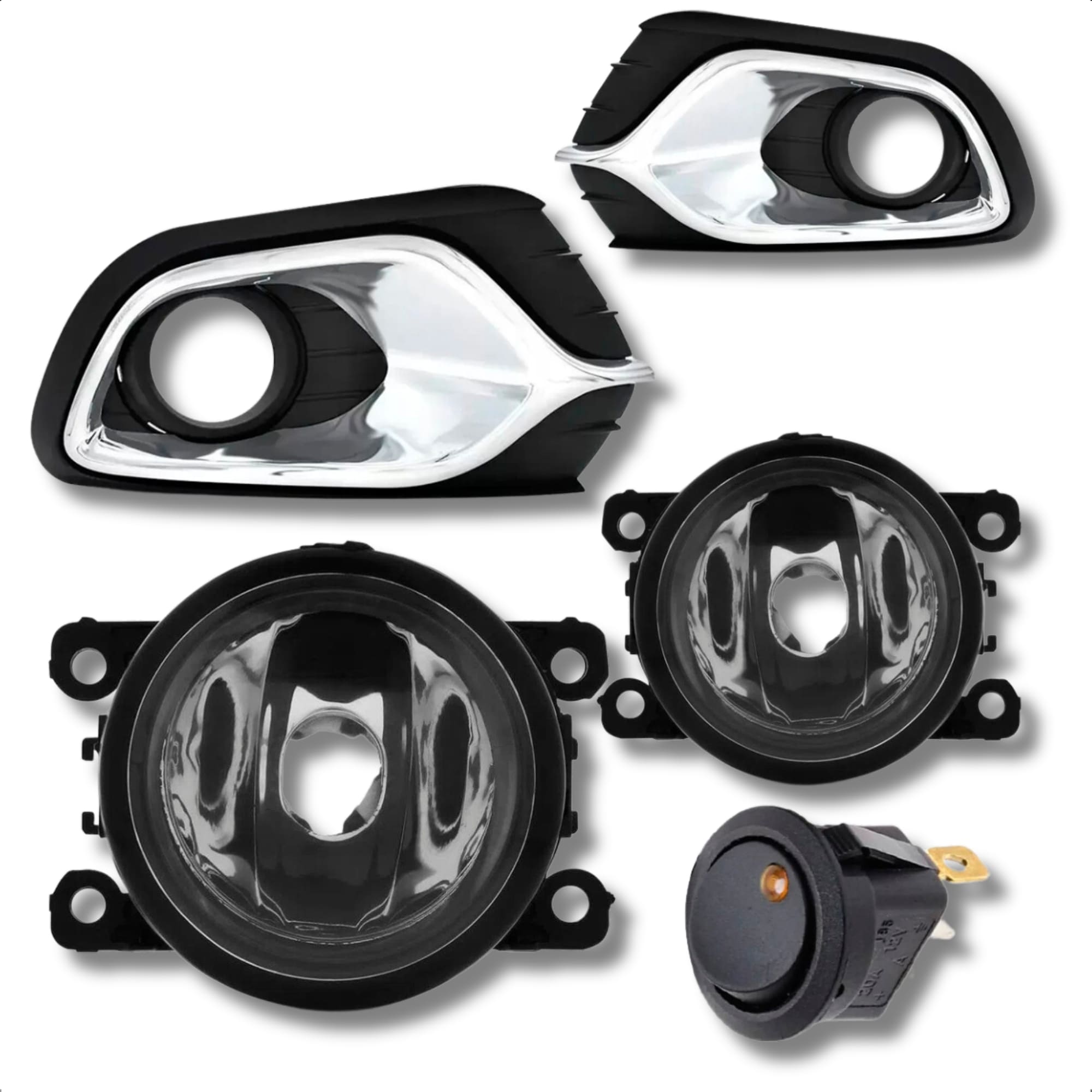 Kit Farol de Milha para Renault Logan 2015 a 2018 Moldura Cromo Botão Tic Tac 2 Pinos Suits - STS926RN