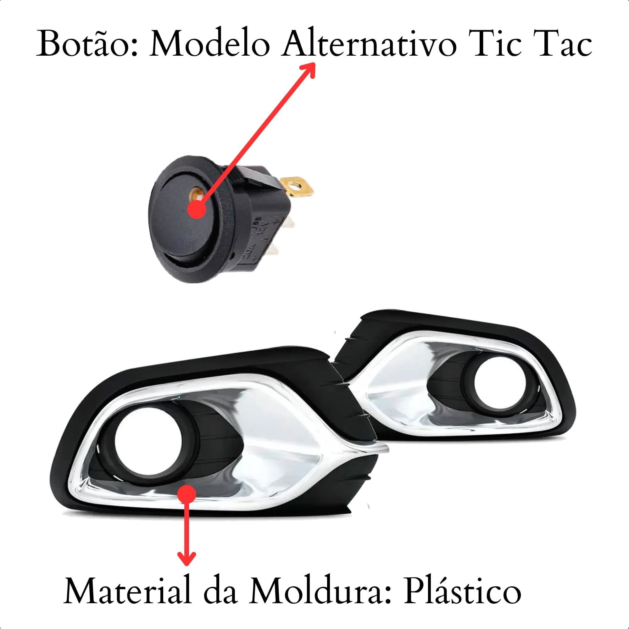 Kit Farol de Milha para Renault Logan 2015 a 2018 Moldura Cromo Botão Tic Tac 2 Pinos Suits - STS926RN