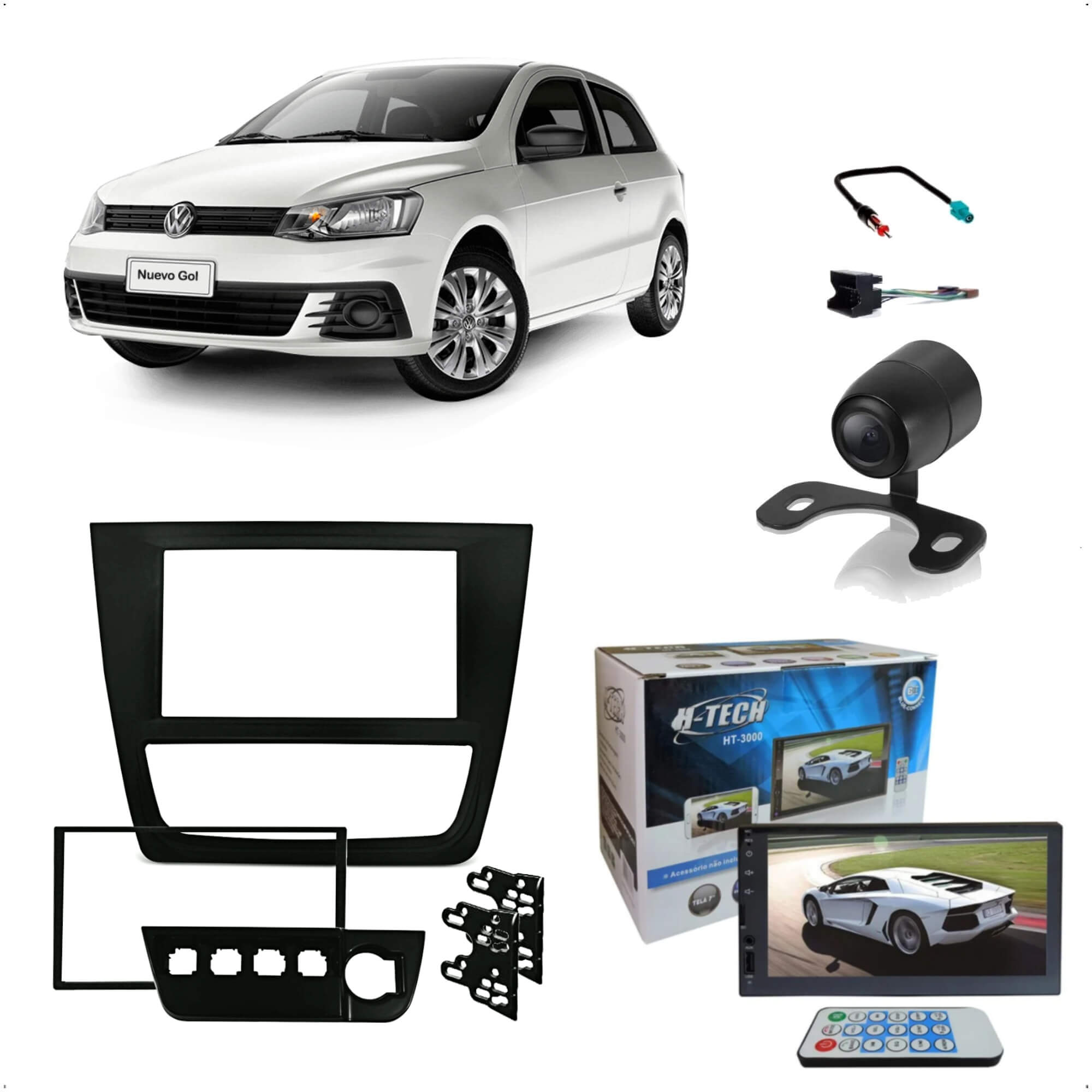 Kit Gol G6 Central Multimídia MP5 2 Din 7" Bluetooth SD USB AUX Espelhamento + Câmera de ré  + Moldura + Chicotes