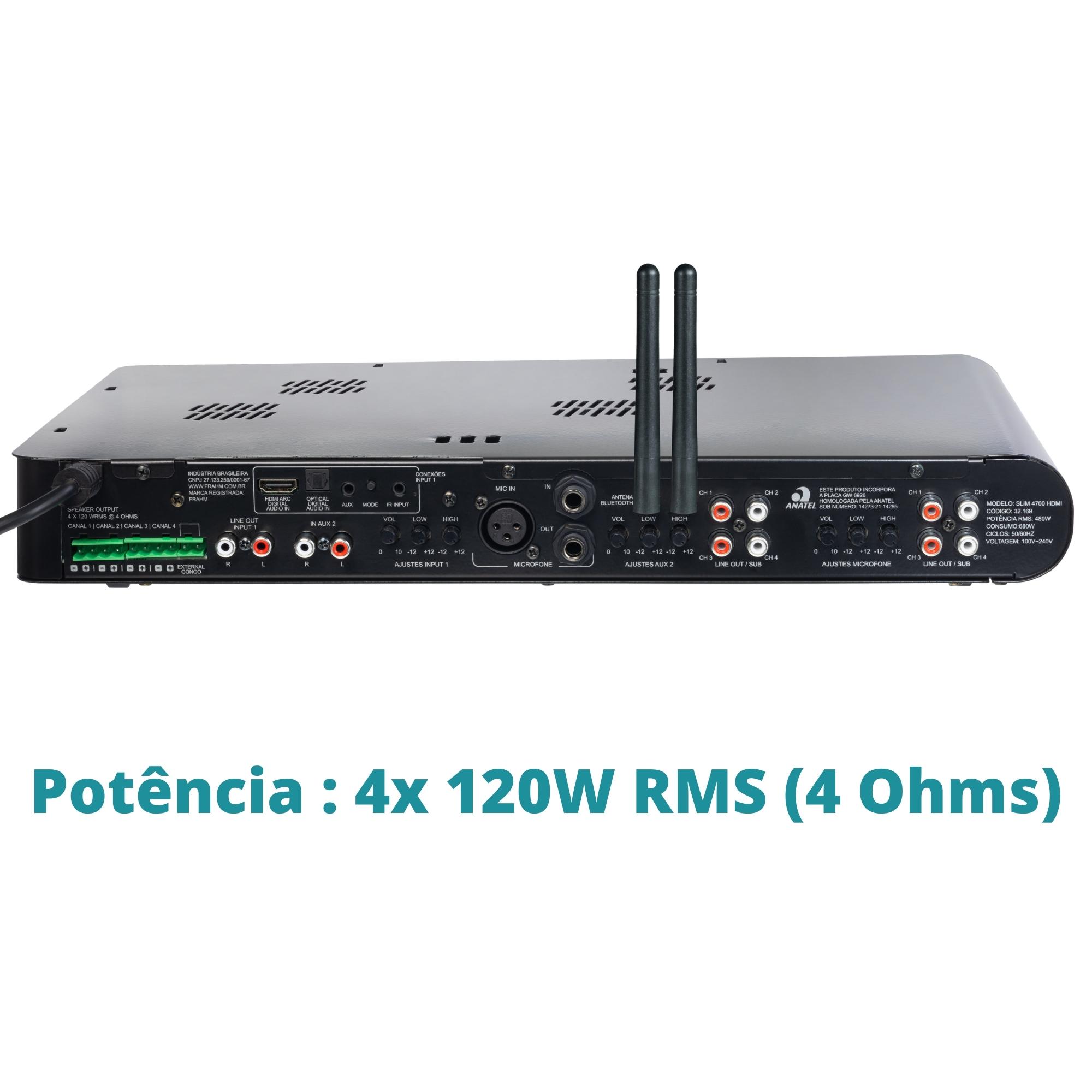 Amplificador Frahm Slim 4700 HDMI 4 Canais de 120W RMS, 4 Ohms Classe D, Bivolt Automático -  32169