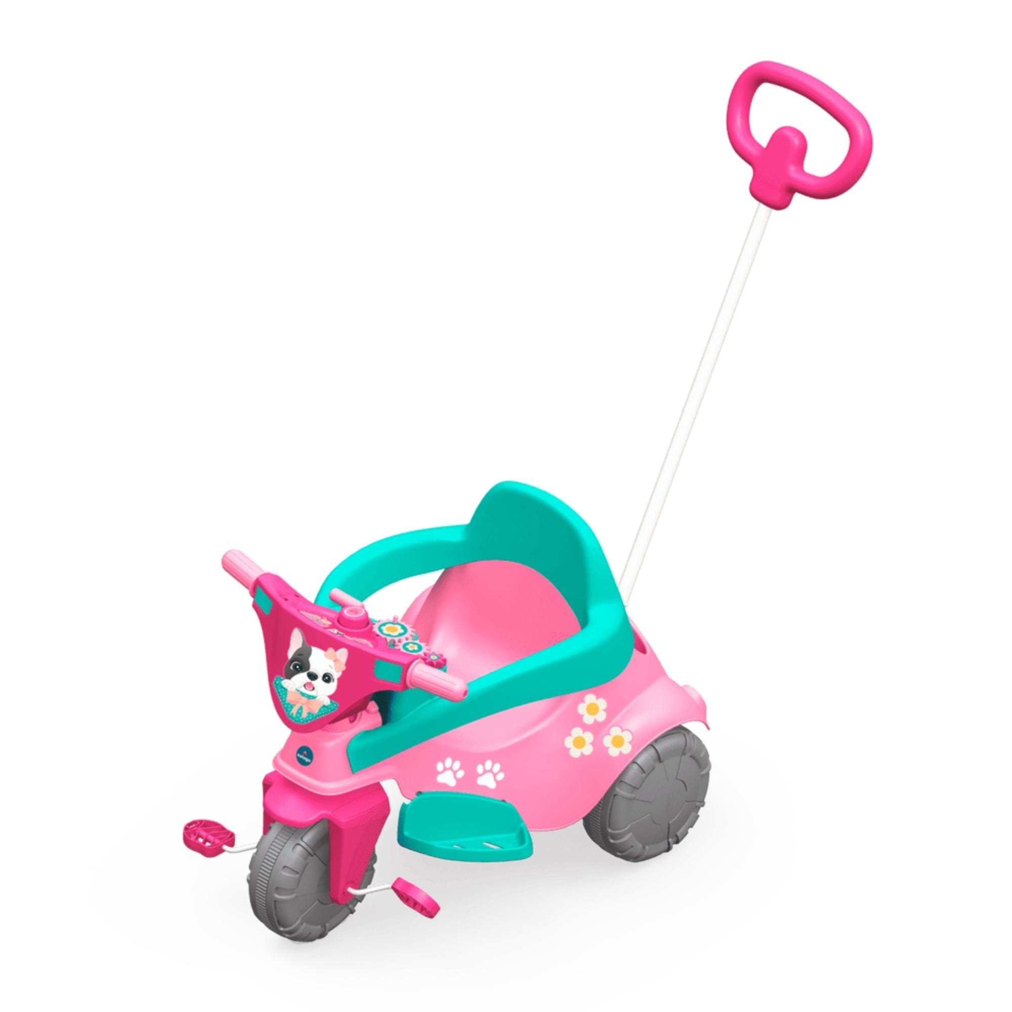 Triciclo Infantil Pink Pet Rosa 3X1 c/ Puxador p/ Crianças a Partir de 12 Meses Xalingo - 07249
