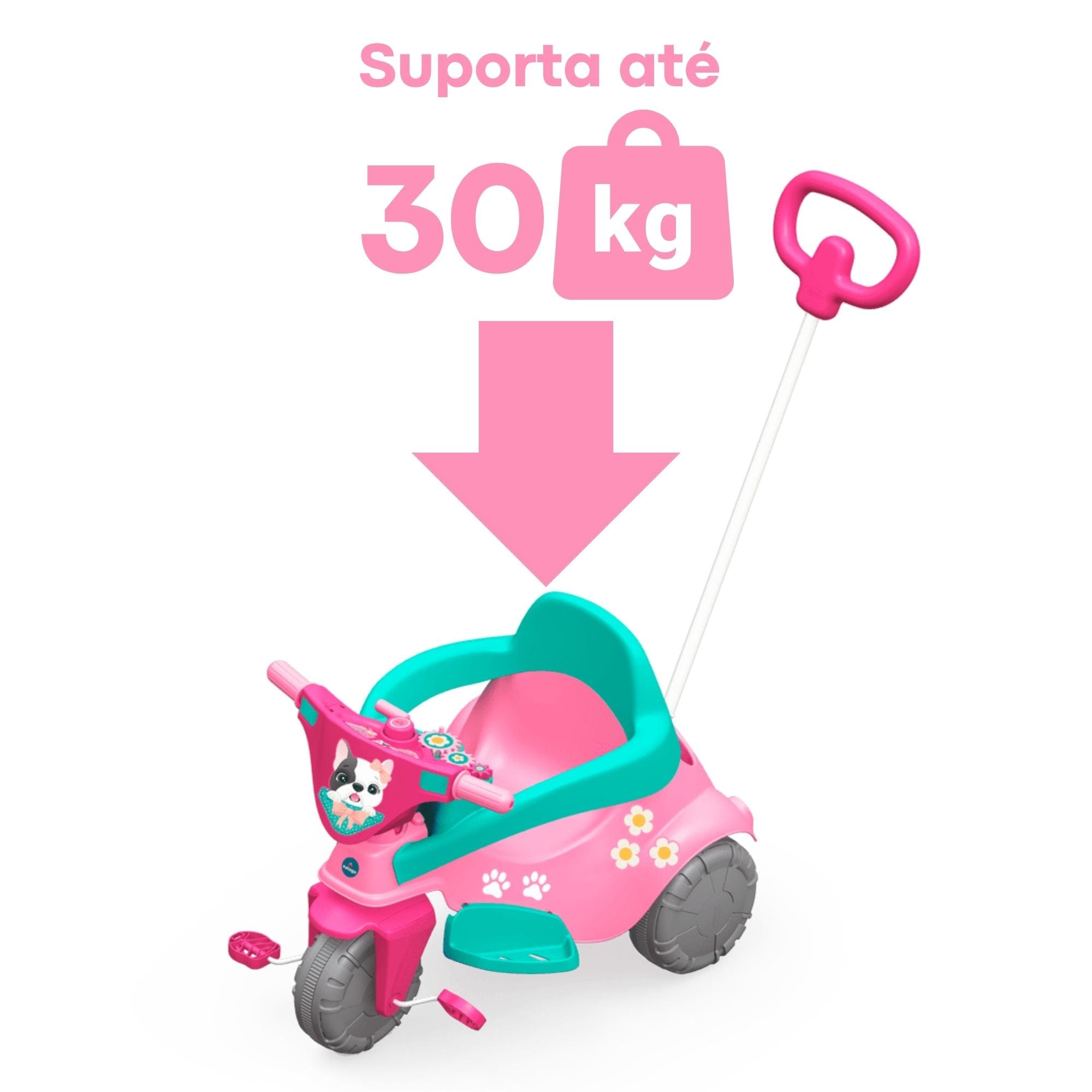 Triciclo Infantil Pink Pet Rosa 3X1 c/ Puxador p/ Crianças a Partir de 12 Meses Xalingo - 07249