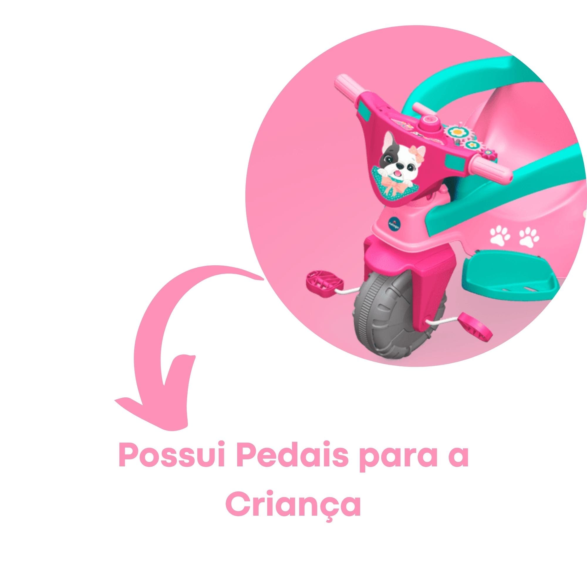 Triciclo Infantil Pink Pet Rosa 3X1 c/ Puxador p/ Crianças a Partir de 12 Meses Xalingo - 07249