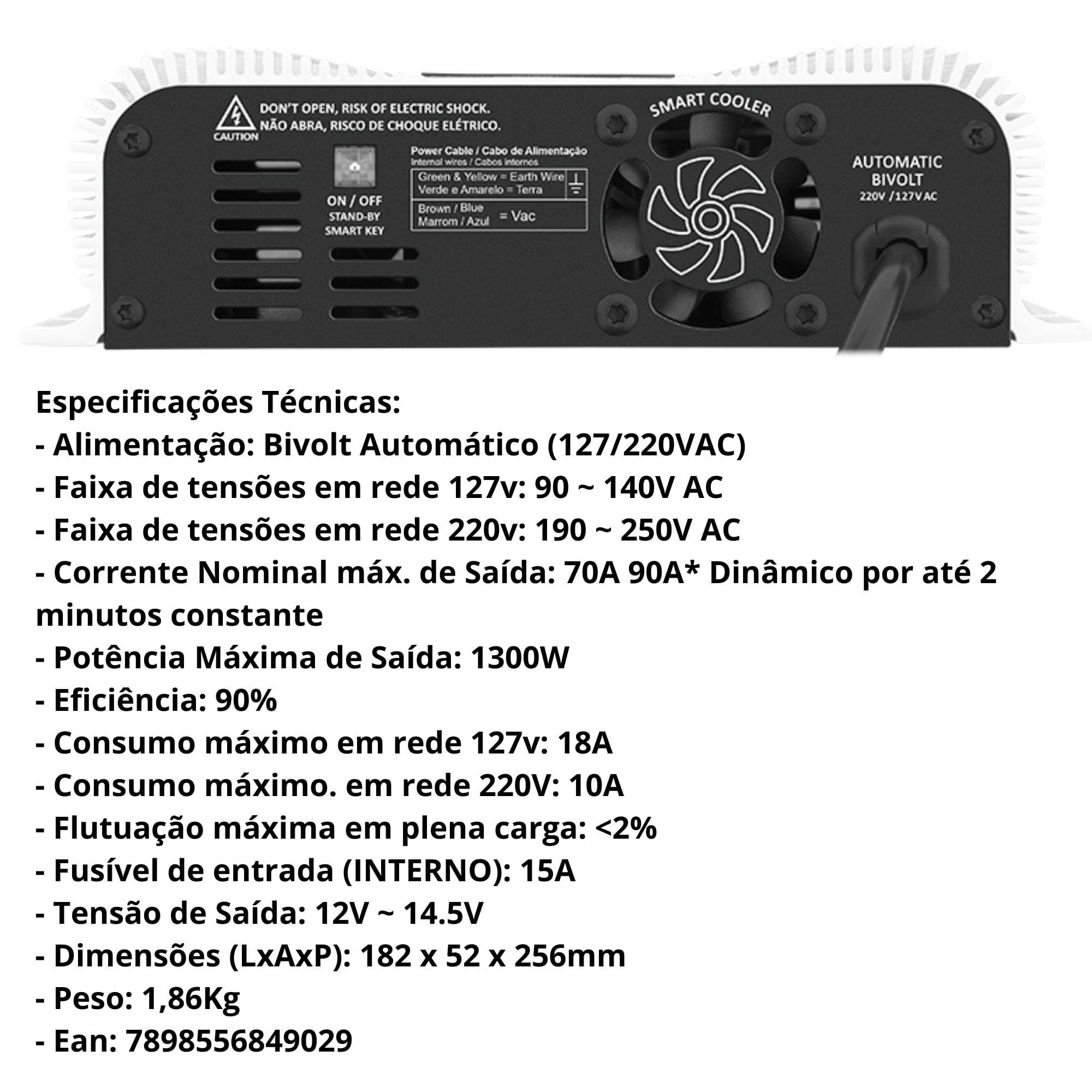 Fonte Automotiva Bivolt Automático Smart Charger 70A até 90A Dinâmicos 12v Taramps - 901790
