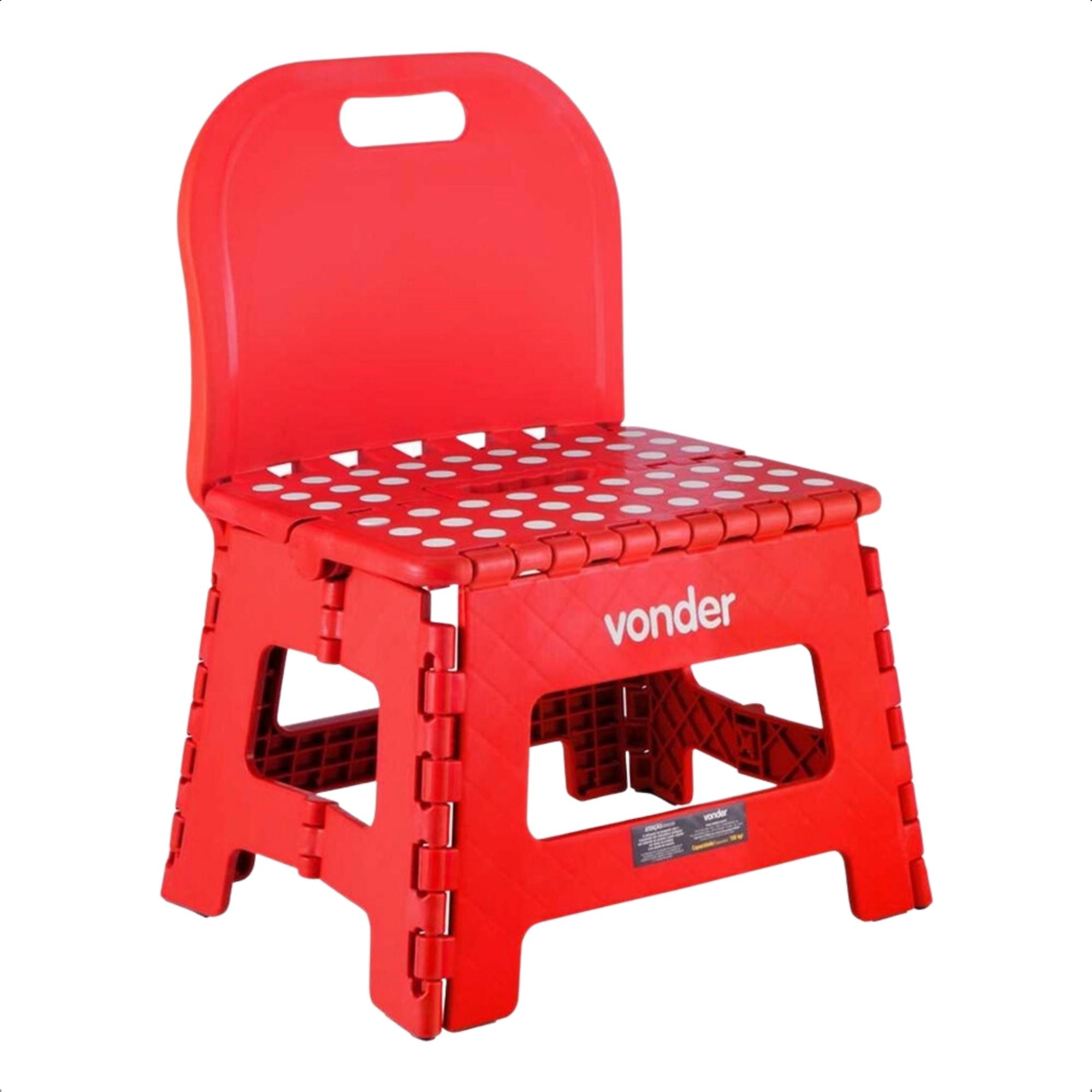 Banqueta Plástica Dobrável Vermelha 32x25x42,8cm c/ Alça e Encosto Vonder 3540220002