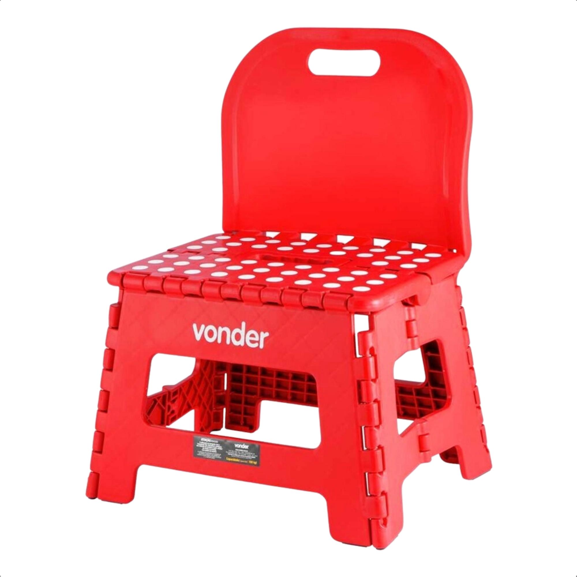 Banqueta Plástica Dobrável Vermelha 32x25x42,8cm c/ Alça e Encosto Vonder 3540220002
