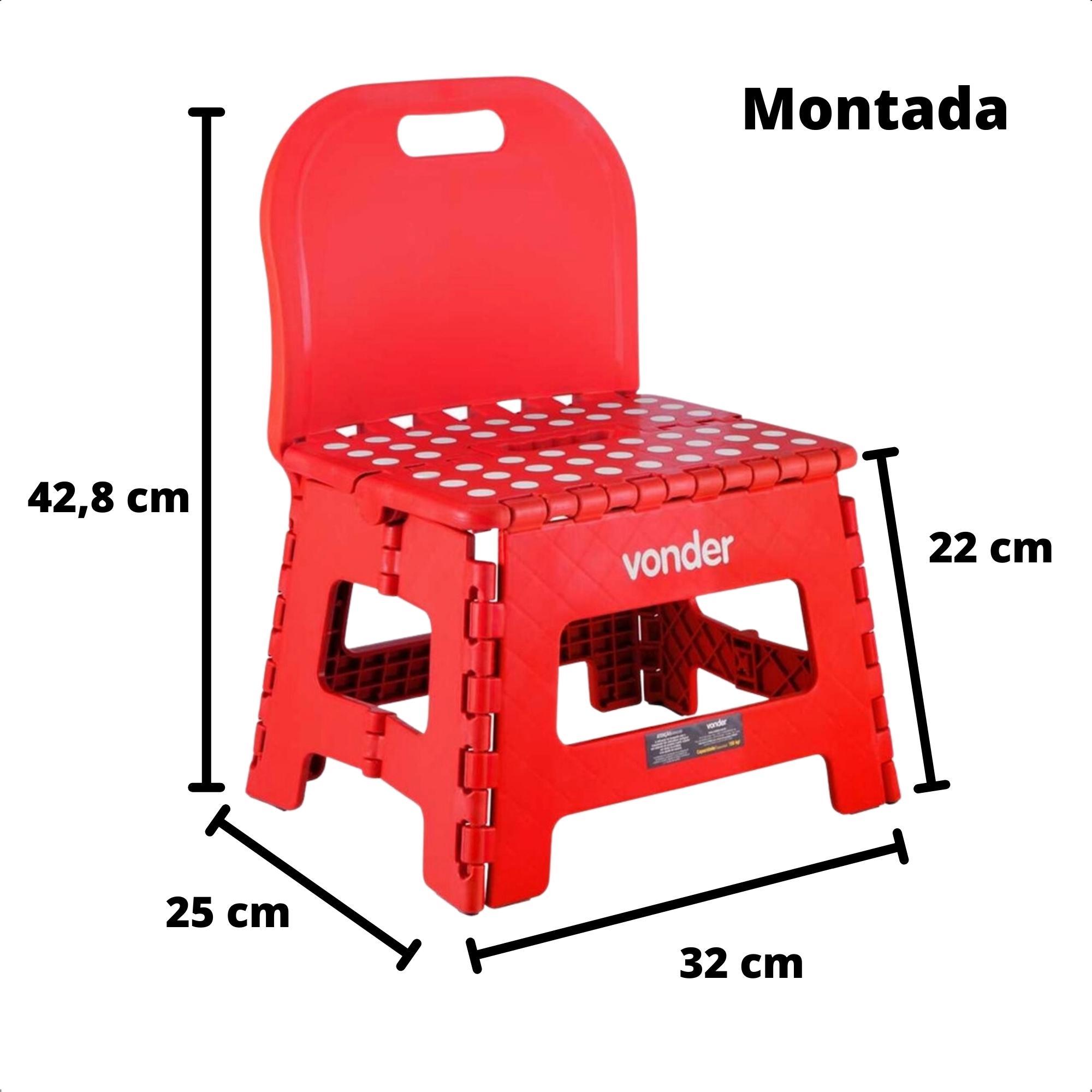 Banqueta Plástica Dobrável Vermelha 32x25x42,8cm c/ Alça e Encosto Vonder 3540220002