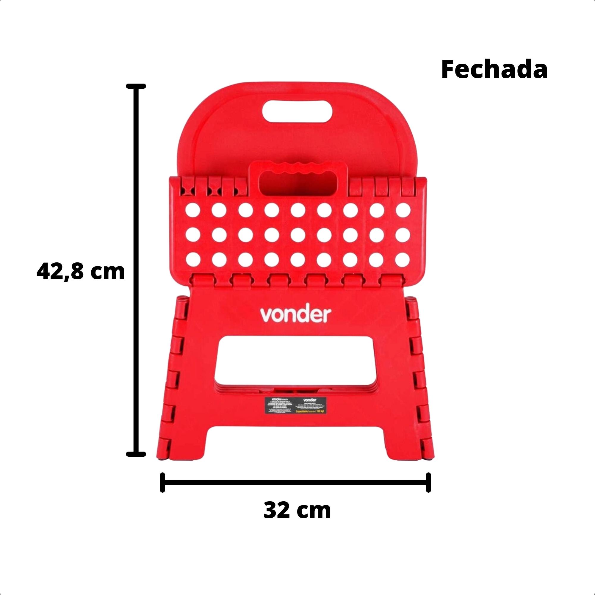 Banqueta Plástica Dobrável Vermelha 32x25x42,8cm c/ Alça e Encosto Vonder 3540220002