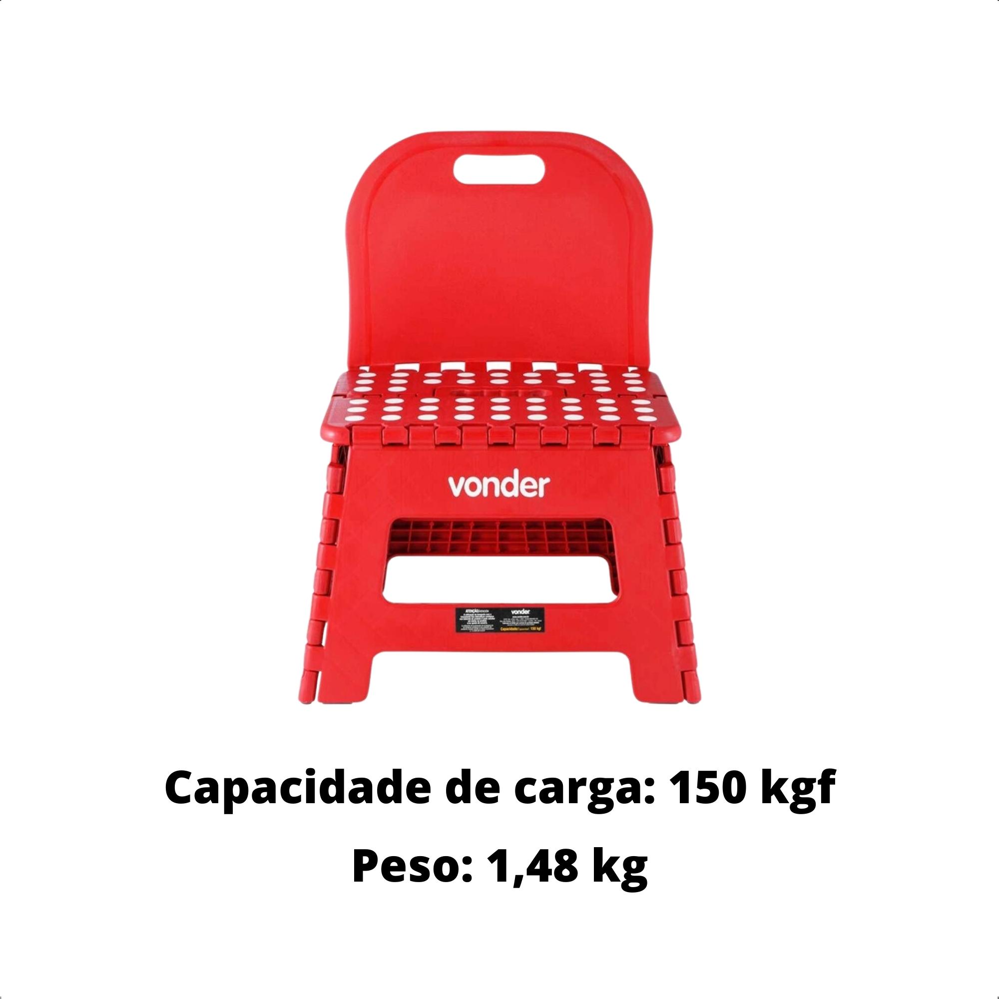 Banqueta Plástica Dobrável Vermelha 32x25x42,8cm c/ Alça e Encosto Vonder 3540220002