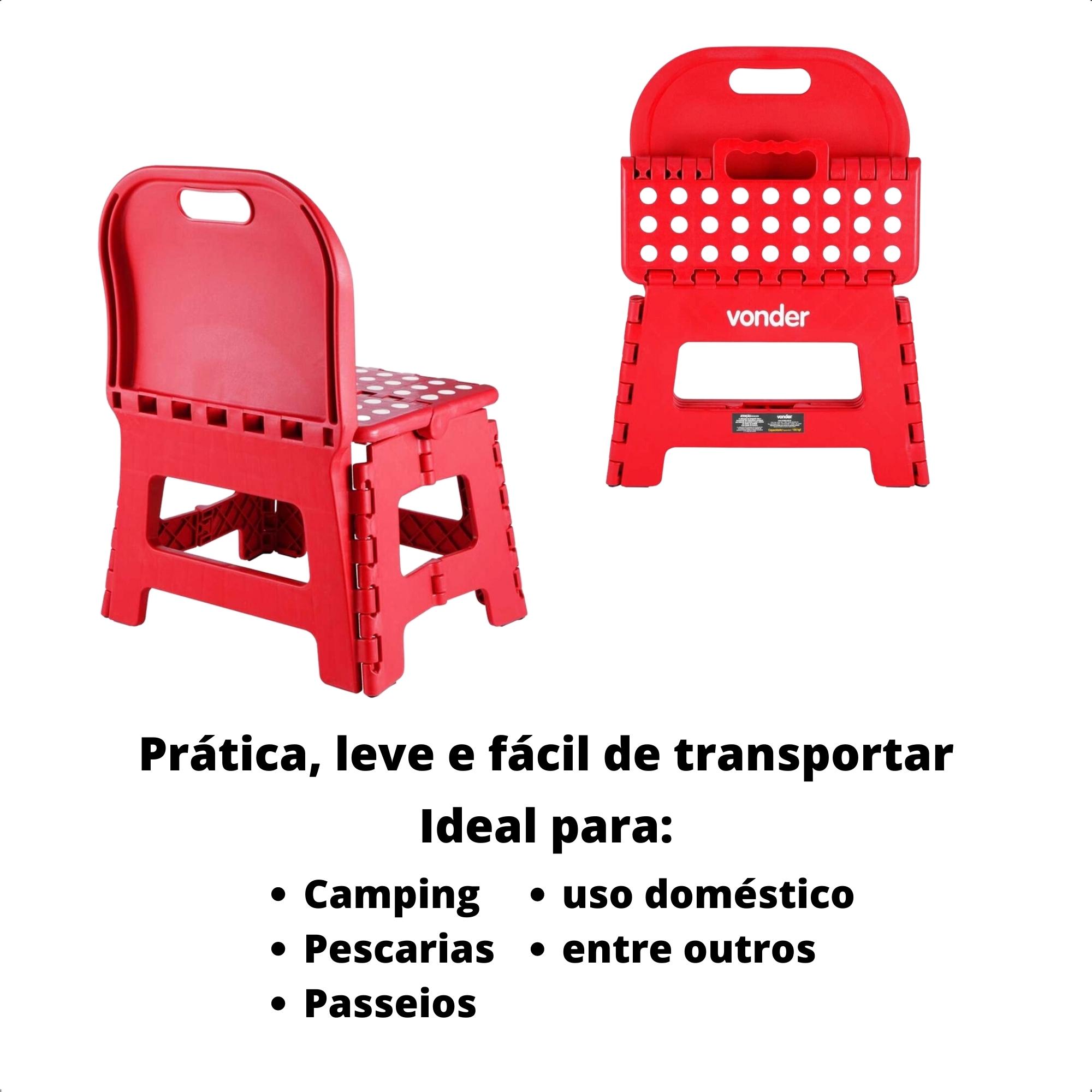 Banqueta Plástica Dobrável Vermelha 32x25x42,8cm c/ Alça e Encosto Vonder 3540220002