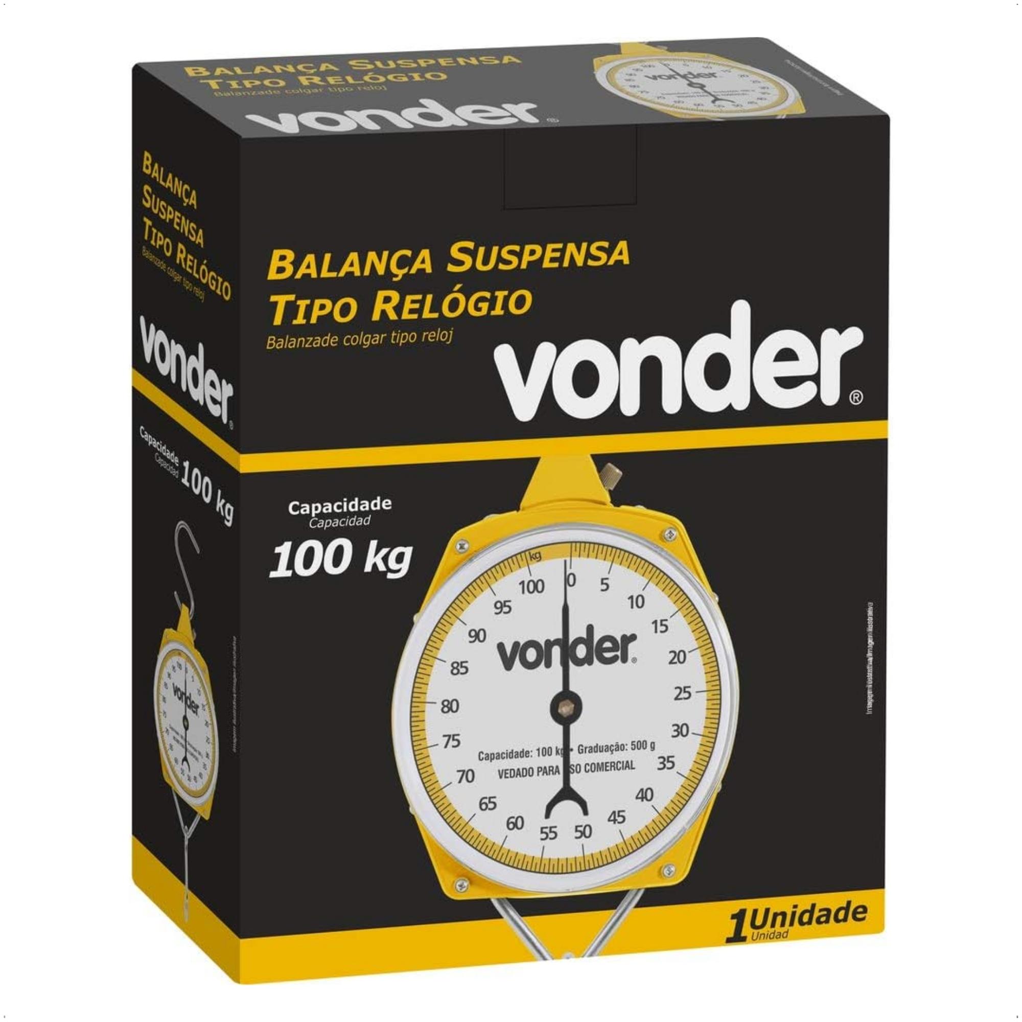 Balança Suspensa Tipo Relógio 100kg 2 Ganchos de Metal 500g Portátil Analógica Vonder - 3885000100