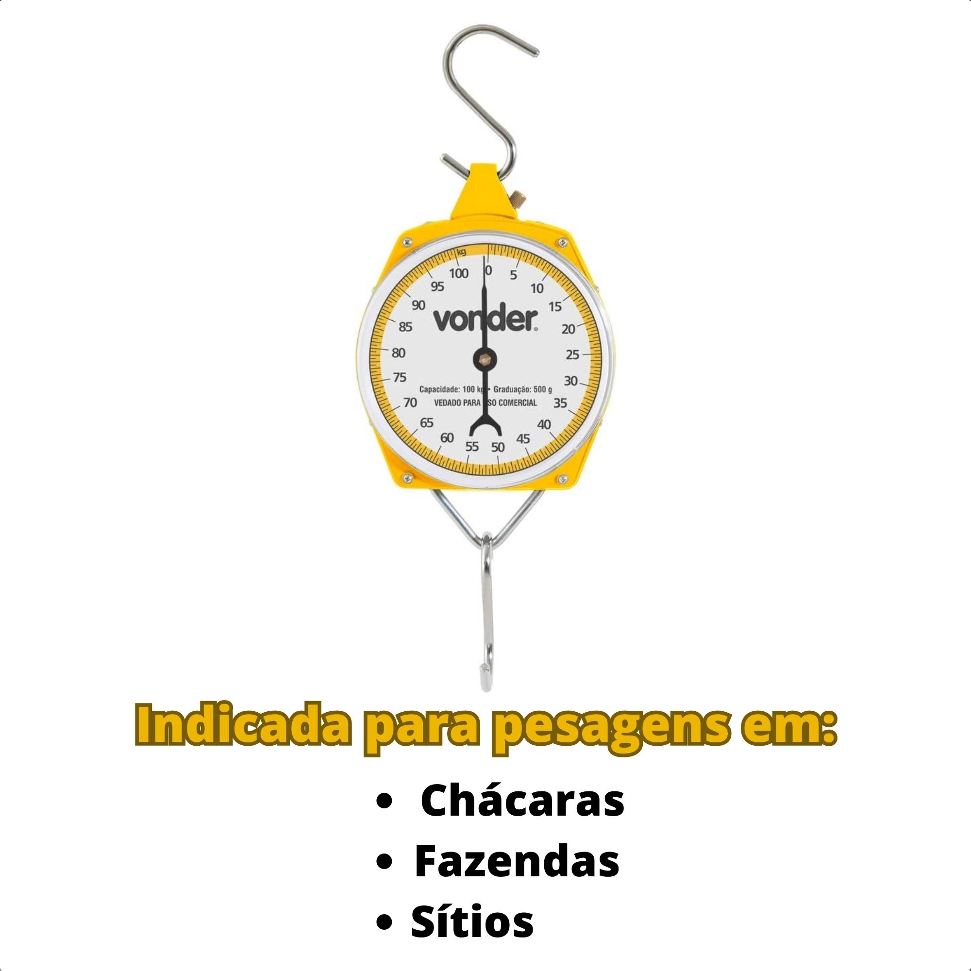 Balança Suspensa Tipo Relógio 100kg 2 Ganchos de Metal 500g Portátil Analógica Vonder - 3885000100