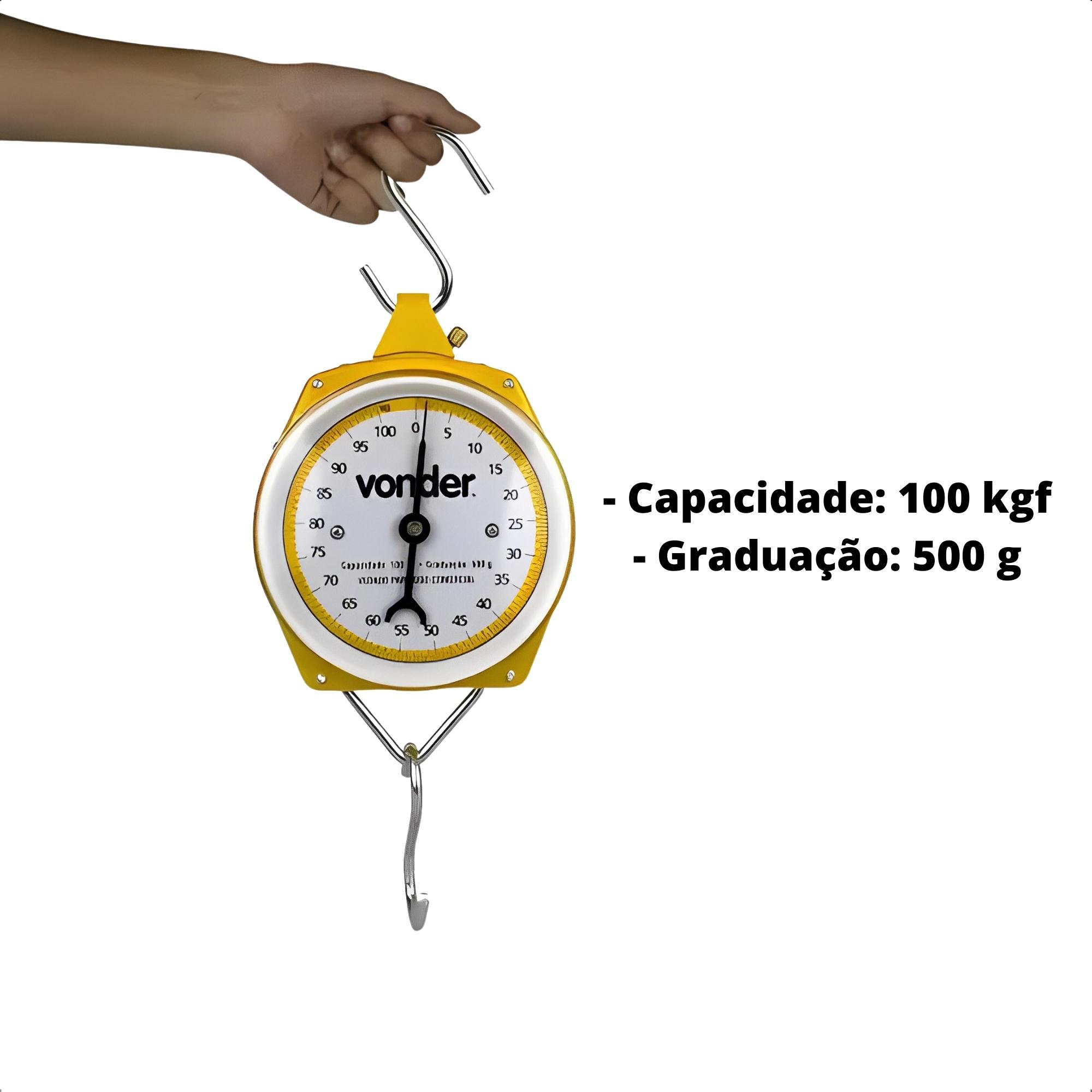 Balança Suspensa Tipo Relógio 100kg 2 Ganchos de Metal 500g Portátil Analógica Vonder - 3885000100