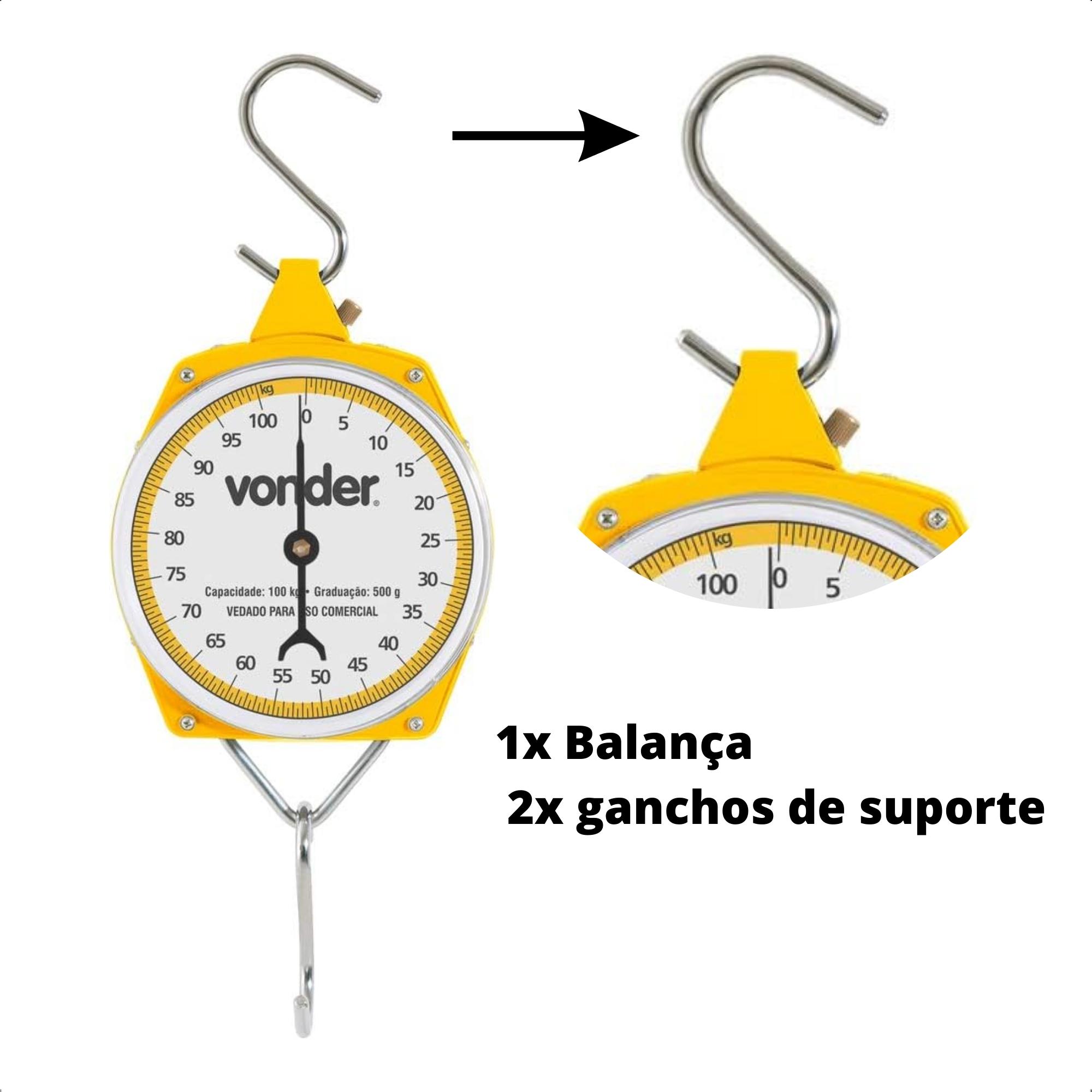 Balança Suspensa Tipo Relógio 100kg 2 Ganchos de Metal 500g Portátil Analógica Vonder - 3885000100