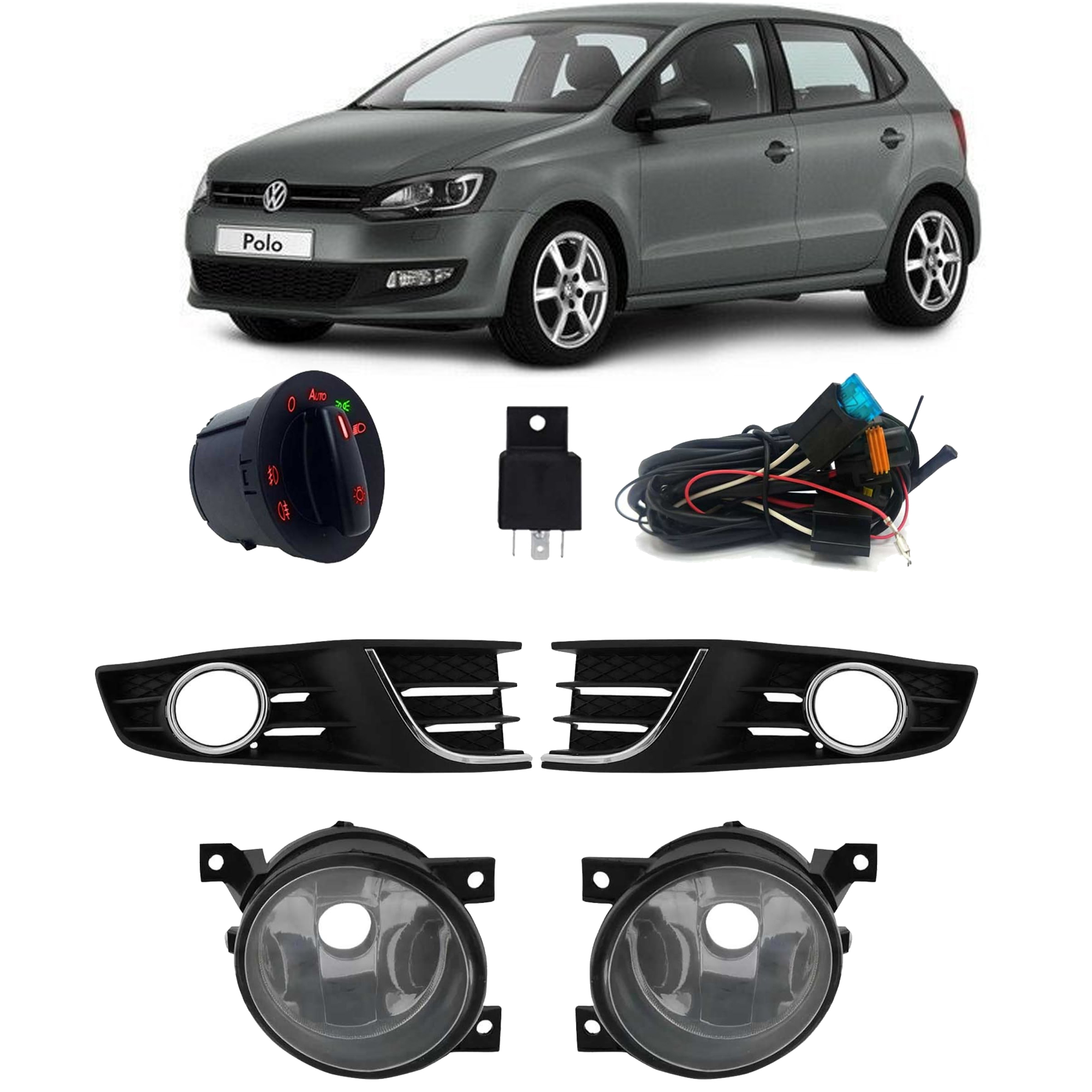 Kit Farol de Milha para Polo 2012-2016 c/ Moldura Cor Cromo Botão Modelo Original Suits - STS003VW