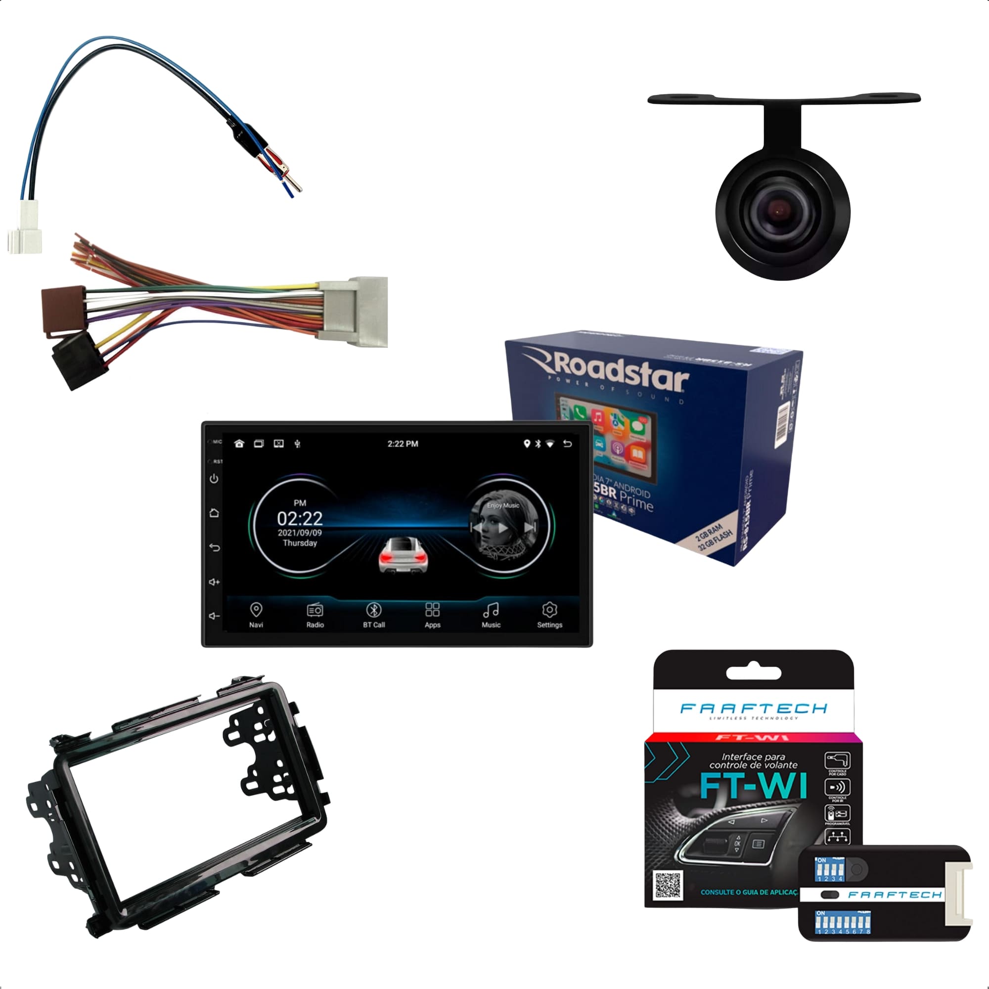 COMP KIT Multimídia Android 7pol Roadstar RS815BR + Moldura HRV 2015 em diante + Interface + Câmera + Chicotes
