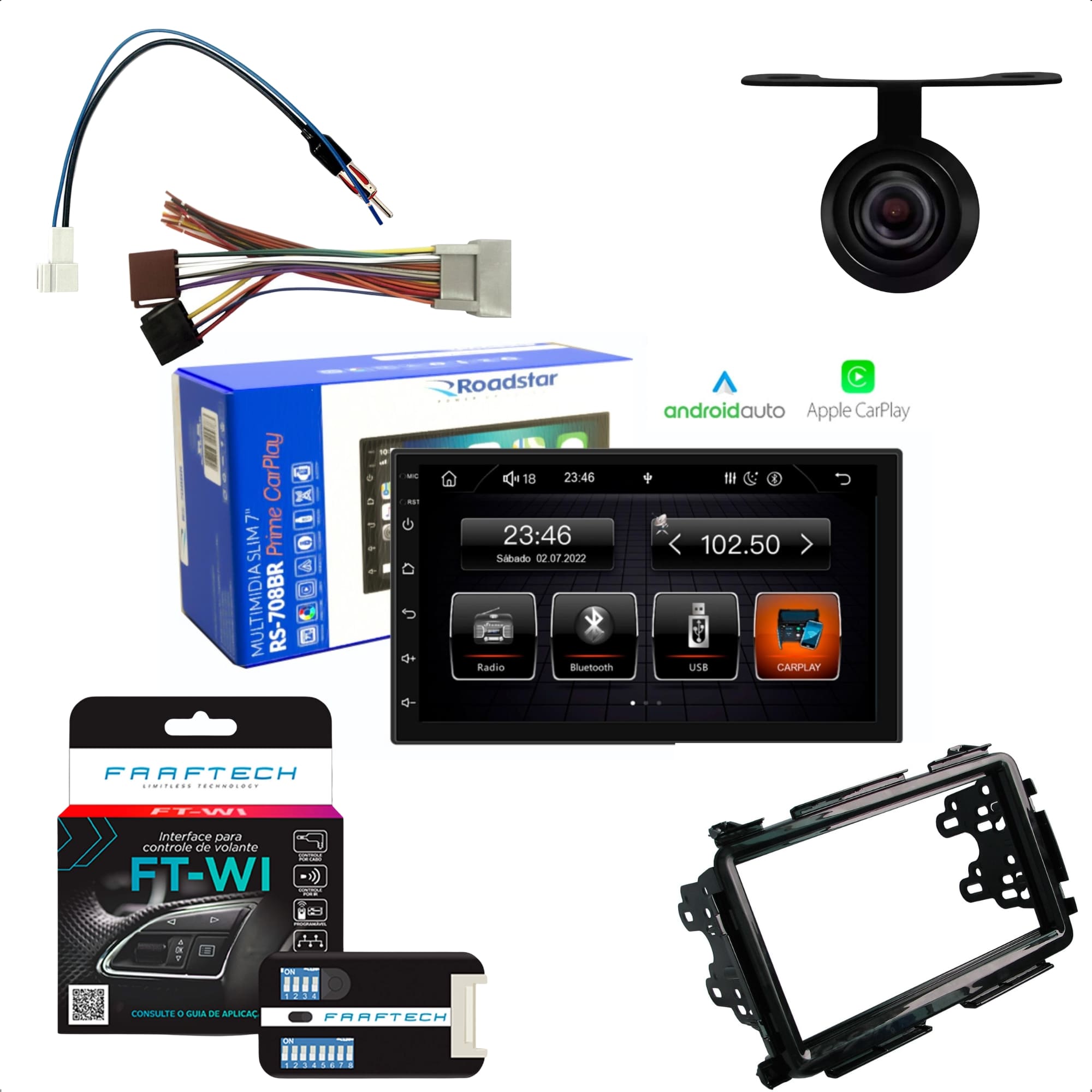 COMP Kit Multimídia Som Automotivo MP5 Roadstar - RS708BR + Moldura HRV 2015 em diante + Interface + Câmera + Chicotes