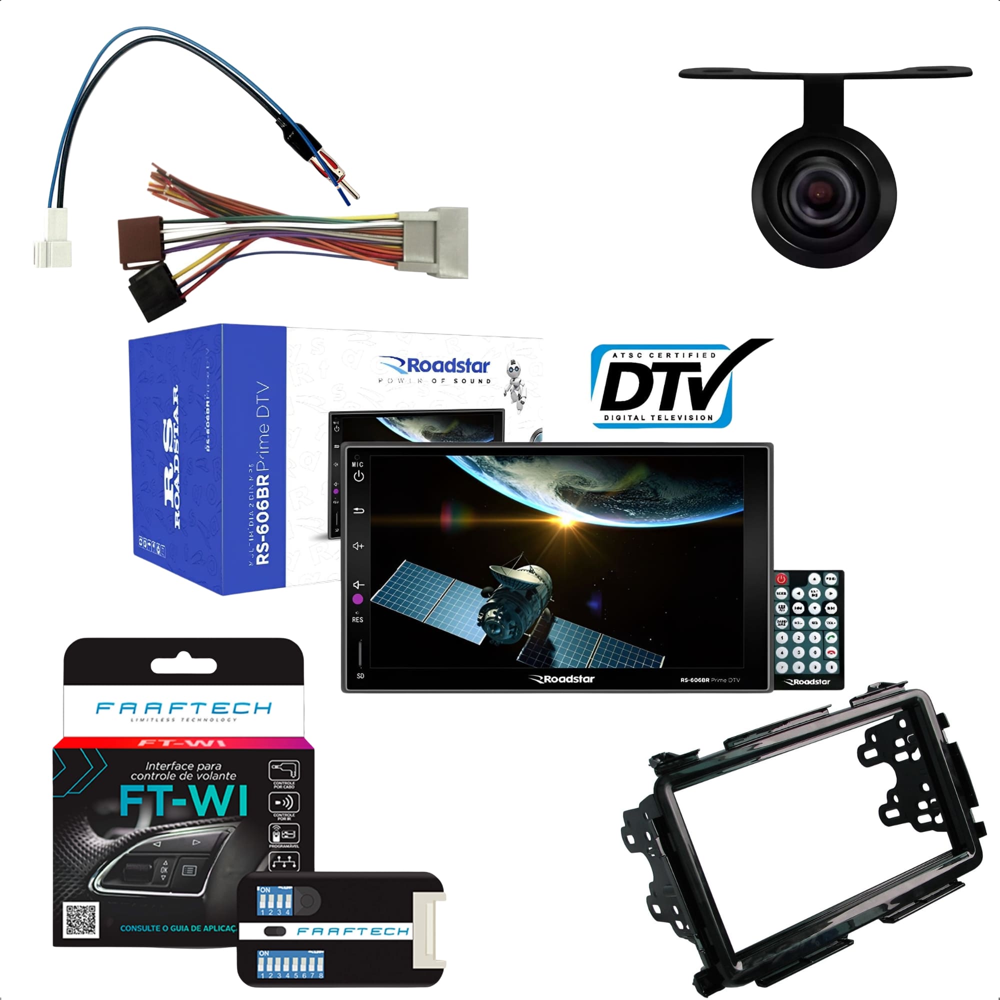 COMP Kit Multimídia Automotivo MP5 Roadstar - RS-606BR MI + Moldura HRV 2015 em diante + Interface + Câmera + Chicotes