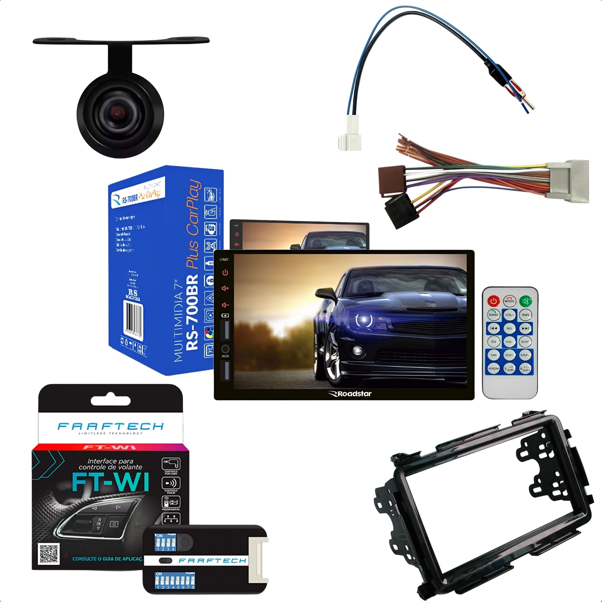 COMP Kit Multimídia Automotivo MP5 Roadstar - RS-700BR MI + Moldura HRV 2015 em diante + Interface + Câmera + Chicotes