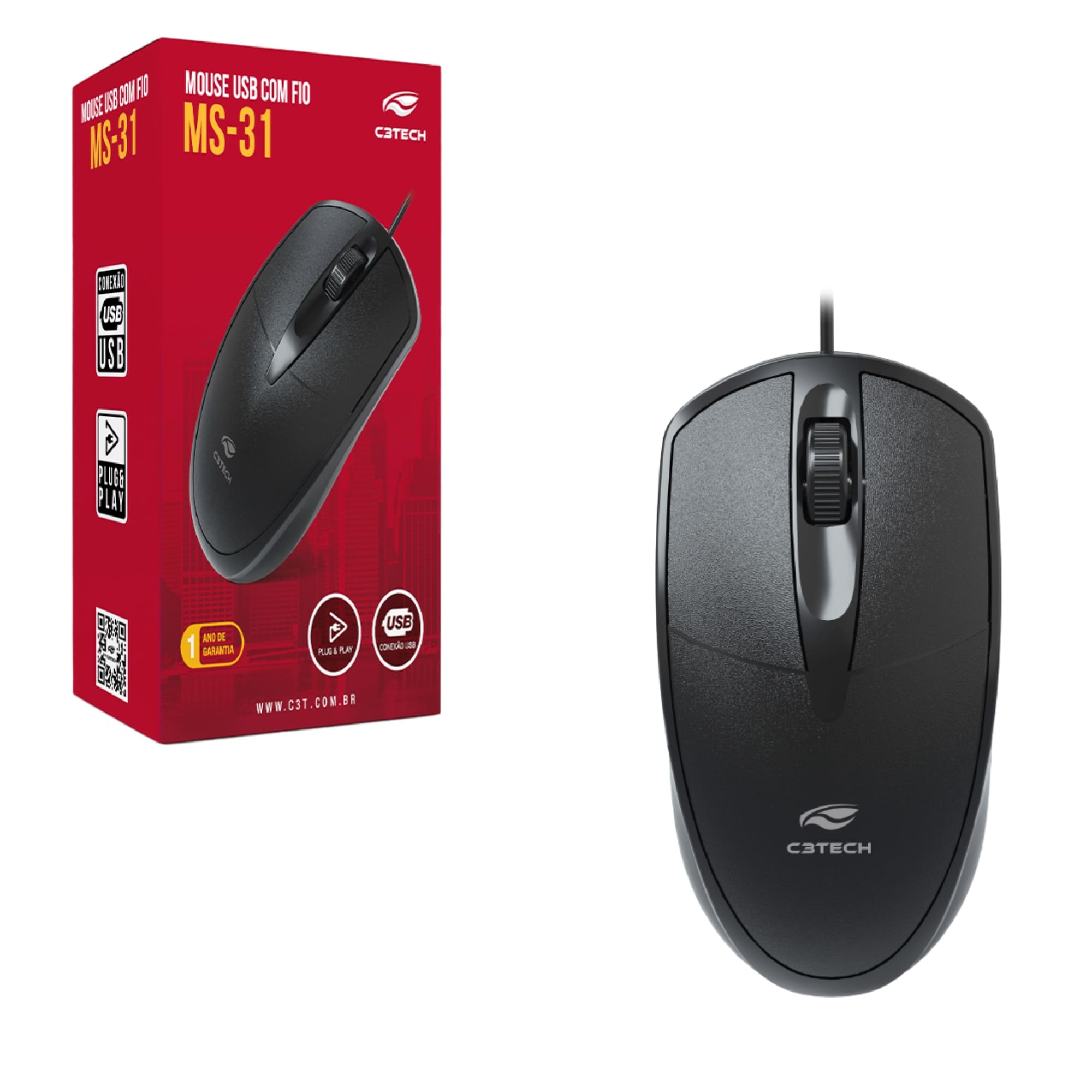 Mouse com Fio USB MS-31BK Cor Preto C3Tech - 302023040100