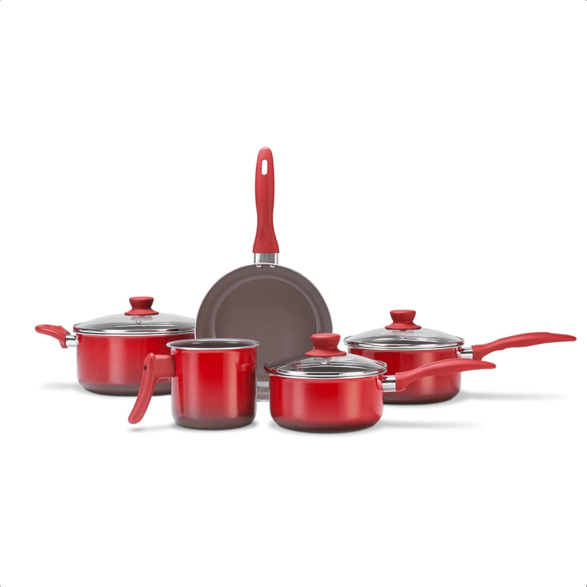 Jogo de Panelas Cerâmica 5 Peças Panelas Caçarola Frigideira Fervedor Vermelha Brinox - 4789/100