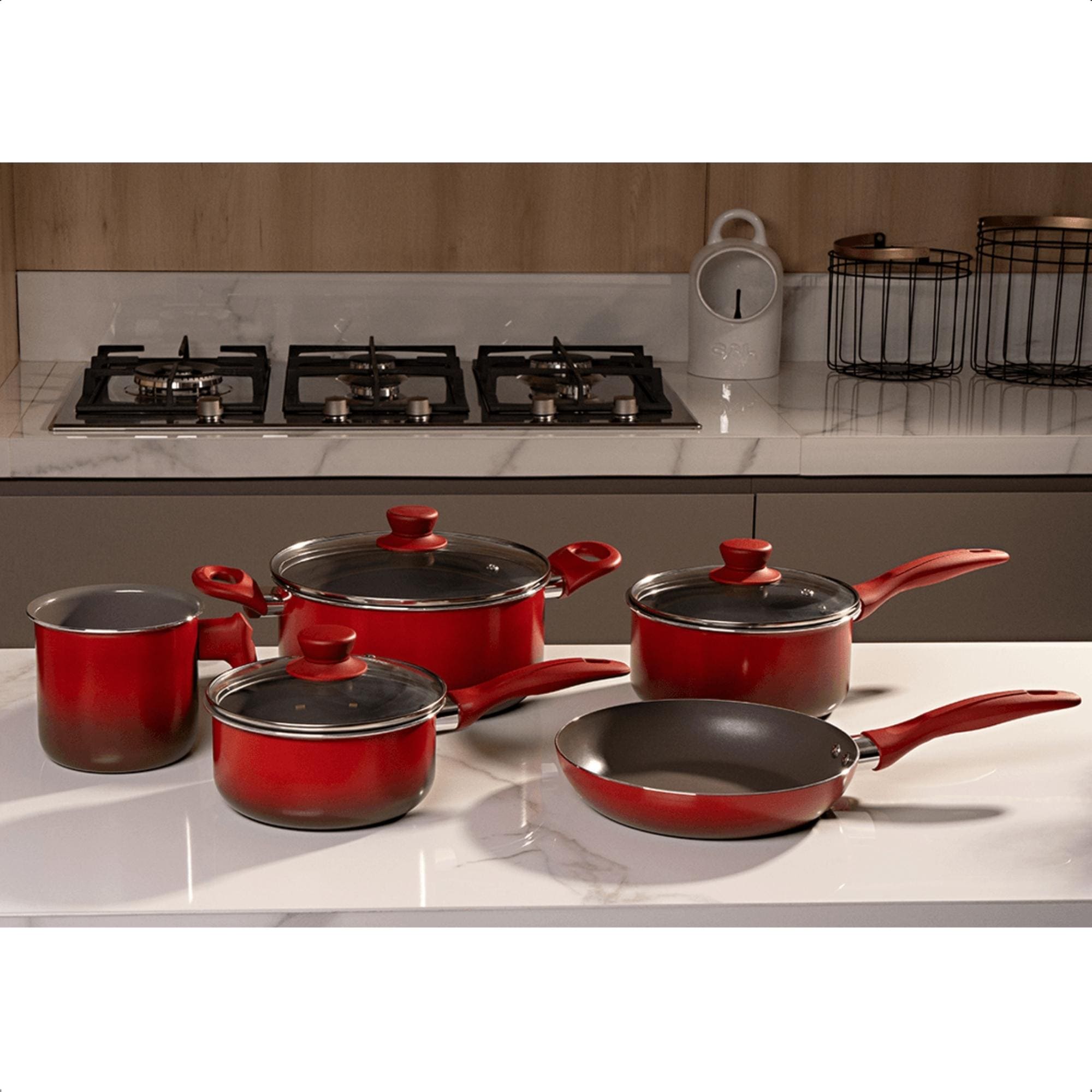 Jogo de Panelas Cerâmica 5 Peças Panelas Caçarola Frigideira Fervedor Vermelha Brinox - 4789/100