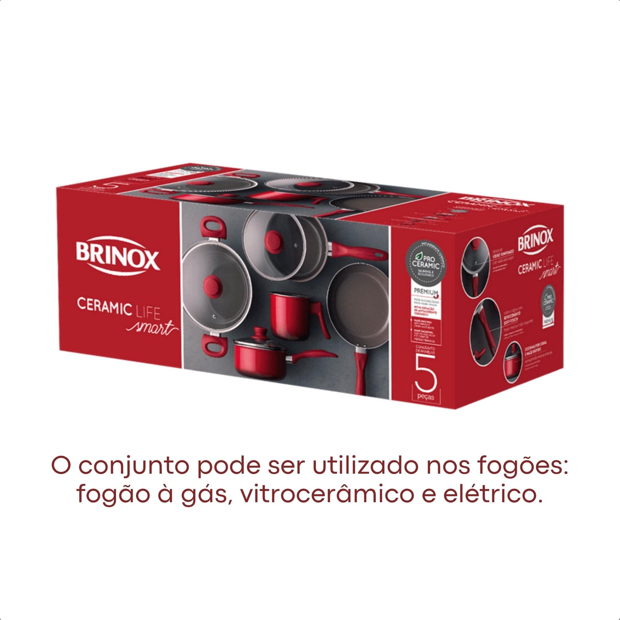 Jogo de Panelas Cerâmica 5 Peças Panelas Caçarola Frigideira Fervedor Vermelha Brinox - 4789/100