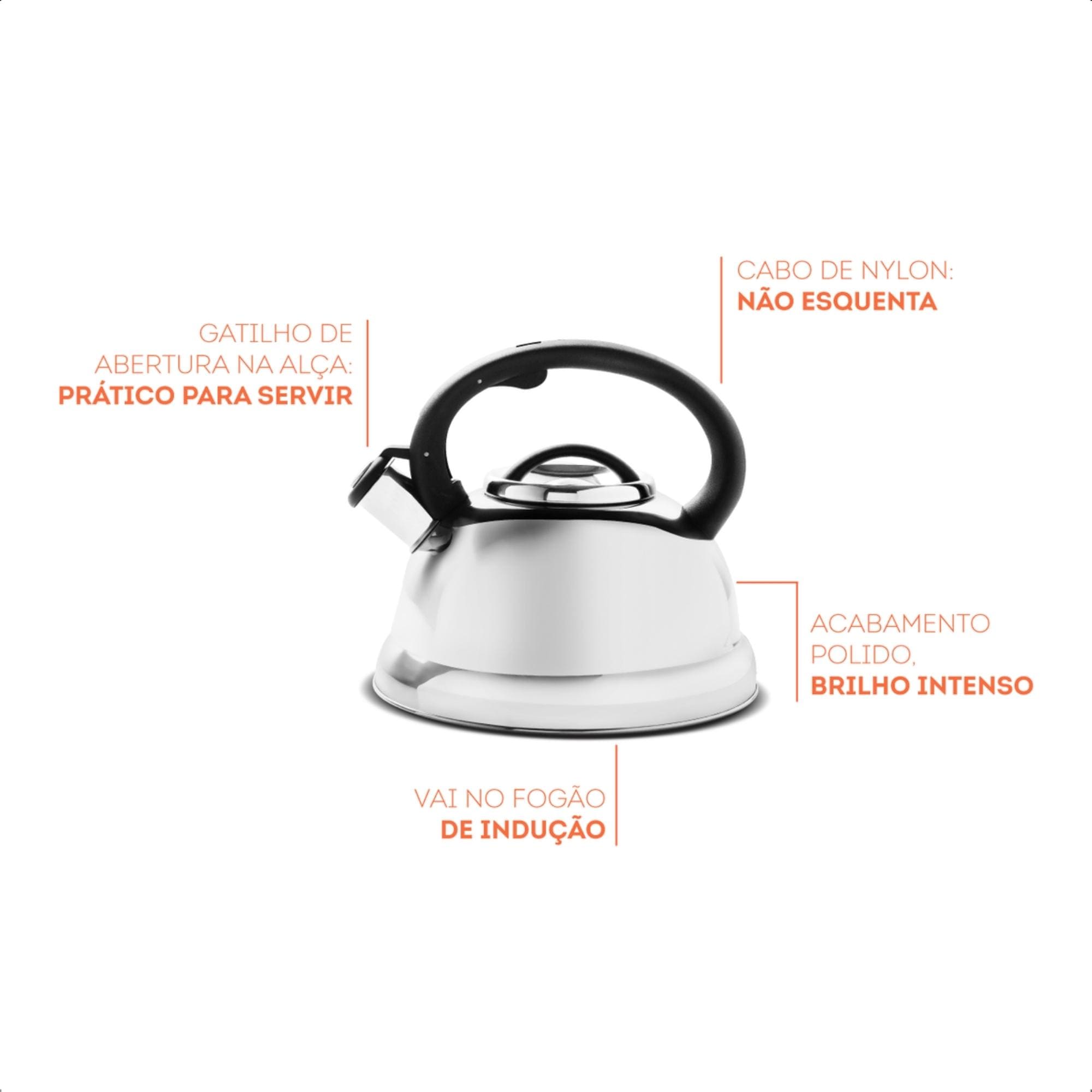 Chaleira 2,7L Apito Inox para Fogão a Gás Vitrocerâmico Elétrico Por Indução Brinox - 4875/100
