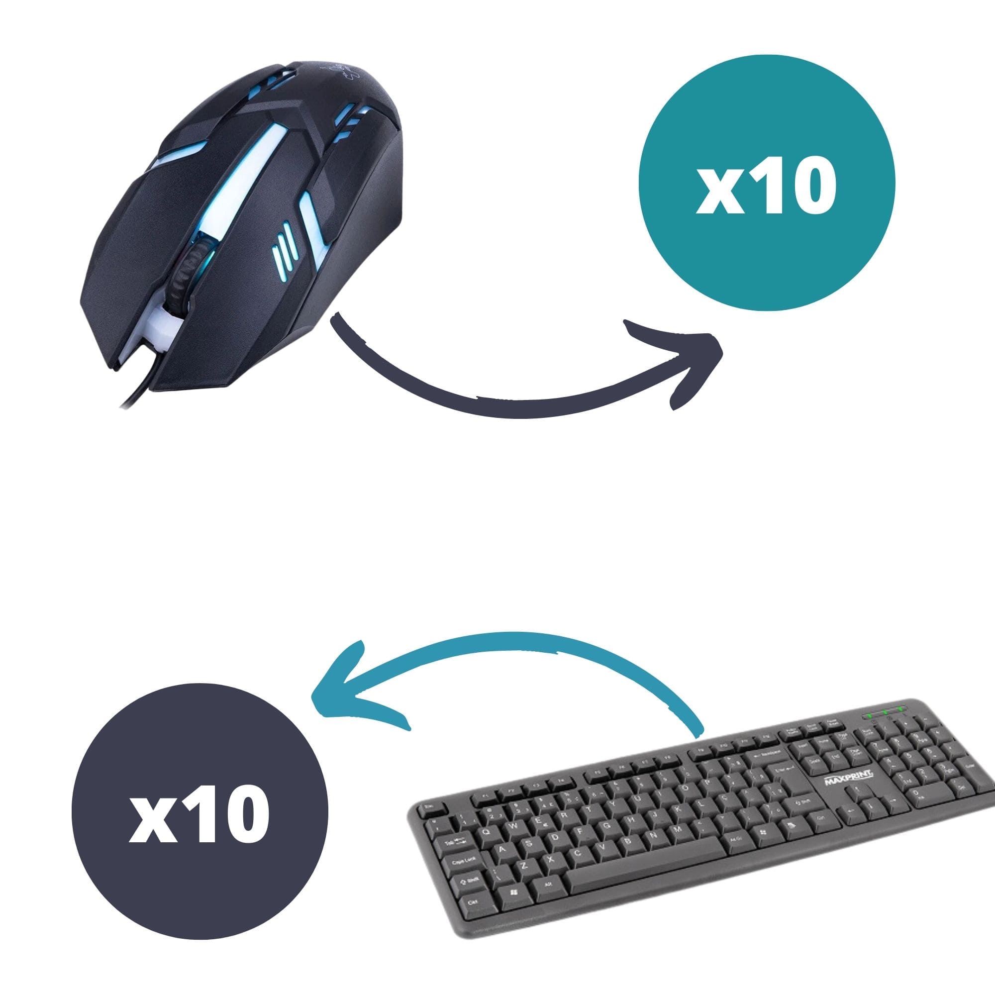 COMP Kit 10x Teclados USB Básico Preto Maxprint - 60814-5 + 10x Mouses Geek Max Com Fio Preto Maxprint - 60000083