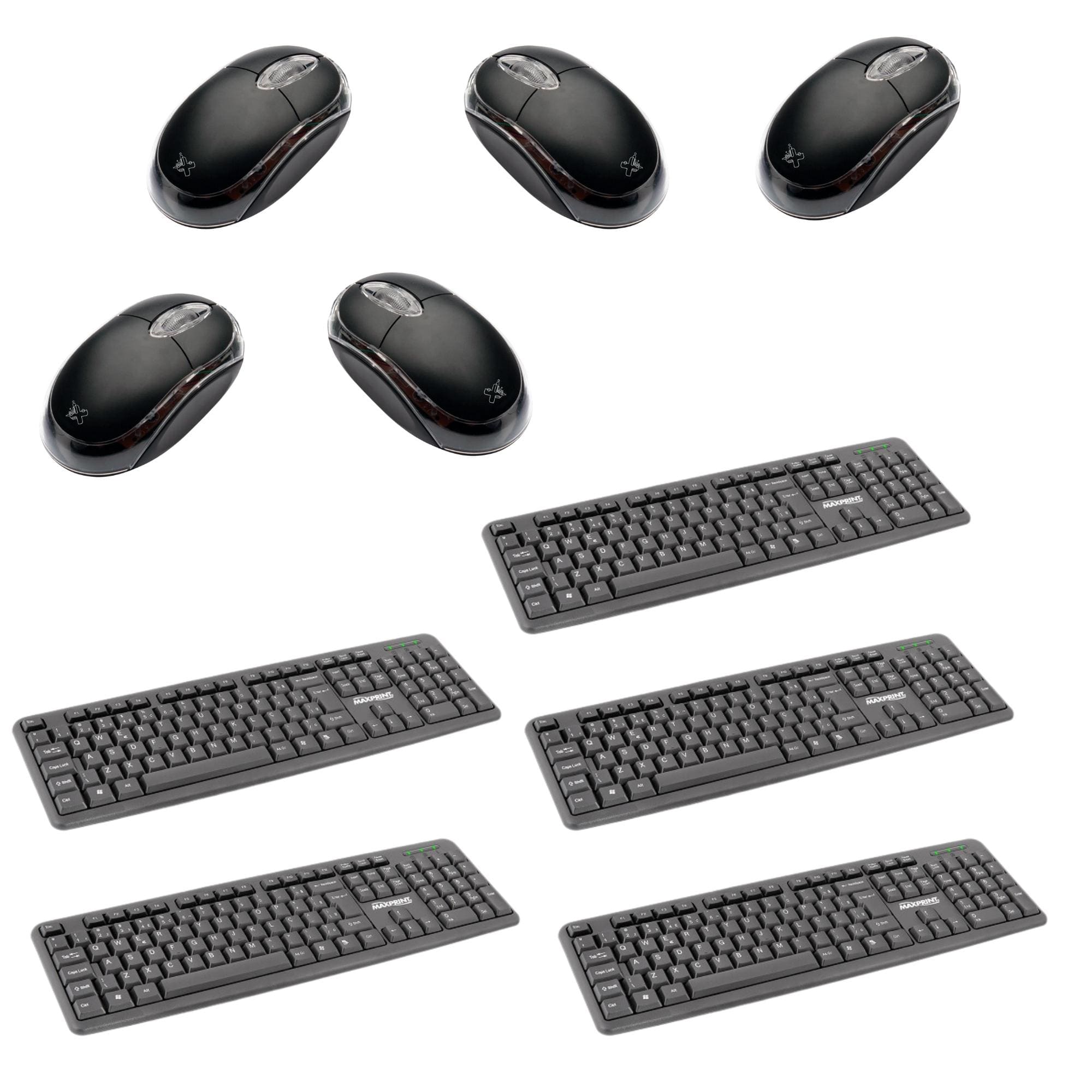 COMP Kit 5x Teclados USB Básico preto - 60814-5 - Maxprint + 5x Mouses USB Colors Black 1000DPI Maxprint - 6013872