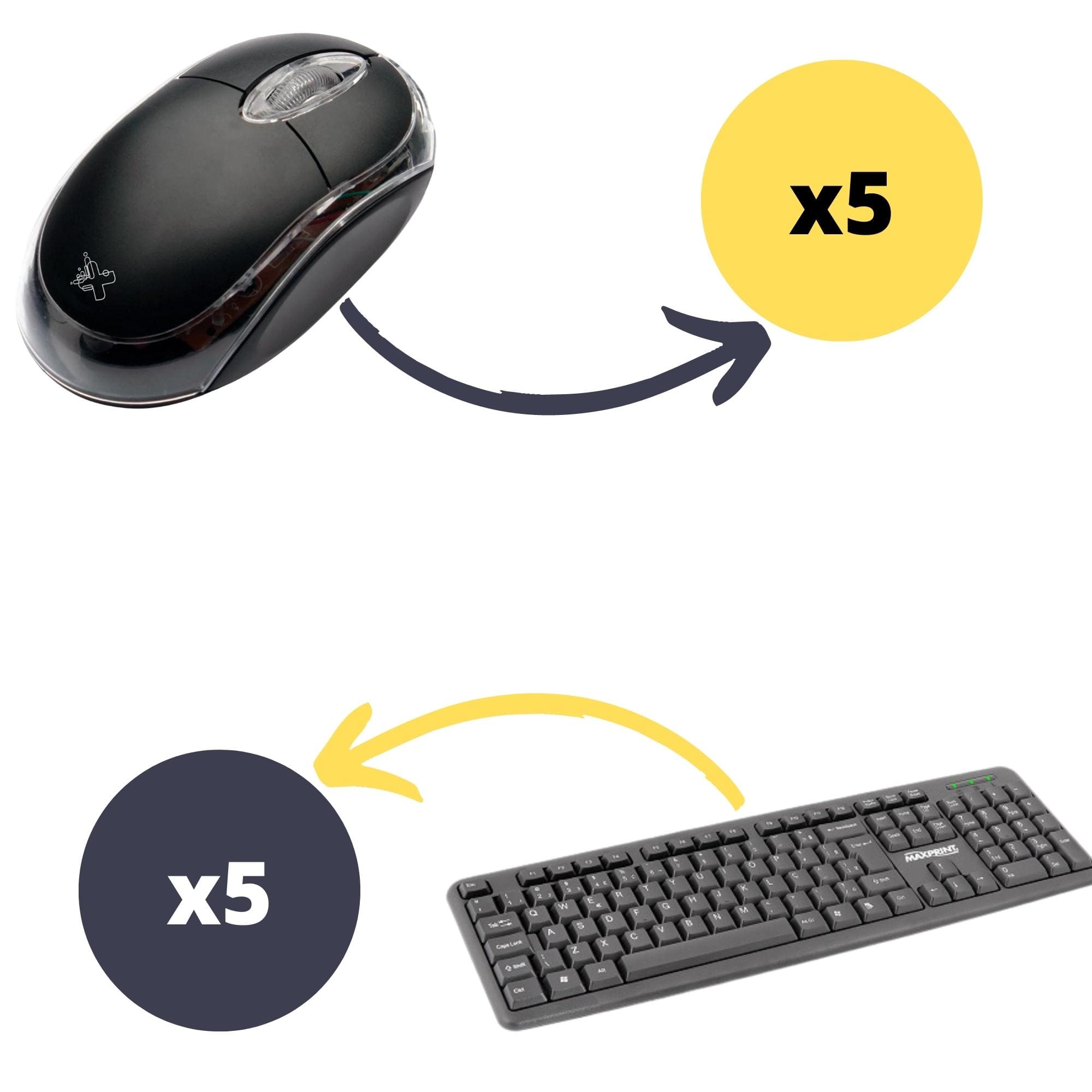 COMP Kit 5x Teclados USB Básico preto - 60814-5 - Maxprint + 5x Mouses USB Colors Black 1000DPI Maxprint - 6013872