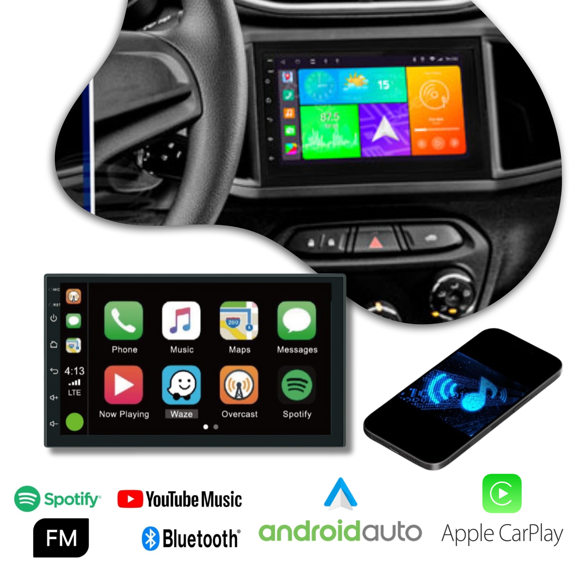Central Multimídia 2 Din Android 12 Tela IPS 7 Pol. HT-6023CA MP5 Bluetooth Android Auto