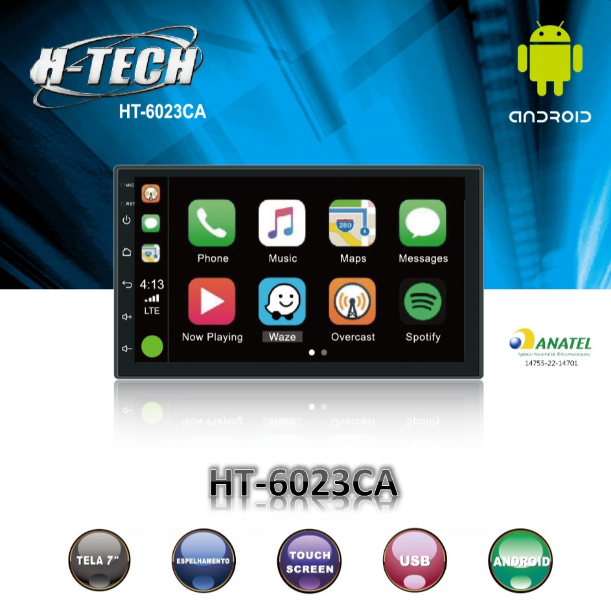 Central Multimídia 2 Din Android 12 Tela IPS 7 Pol. HT-6023CA MP5 Bluetooth Android Auto