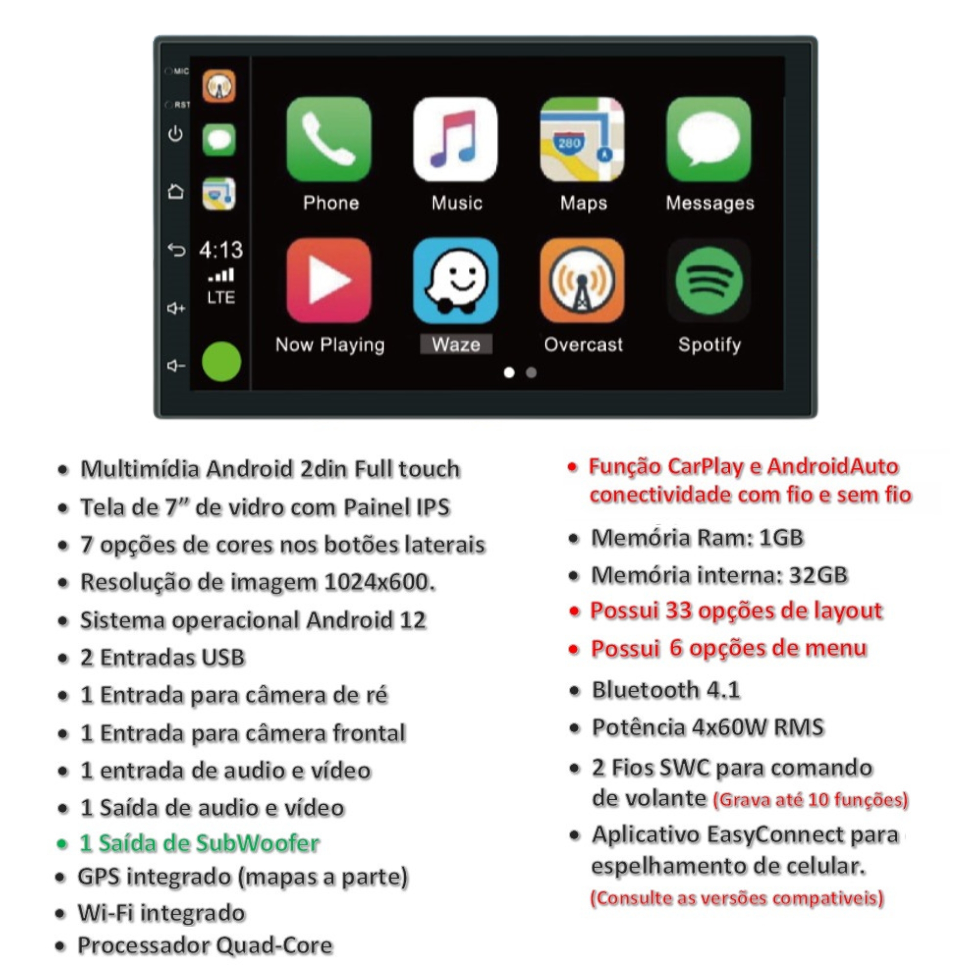 Central Multimídia 2 Din Android 12 Tela IPS 7 Pol. HT-6023CA MP5 Bluetooth Android Auto