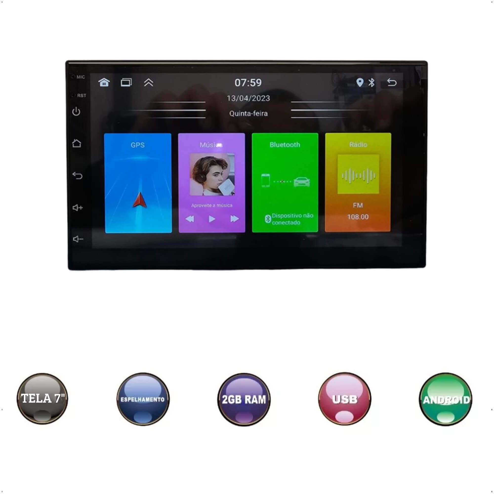 Multimidia Android MP51 DIN 7 Polegadas 2 G 32GB - Sem Fio - CP/AA - H-TECH HT-6823CA