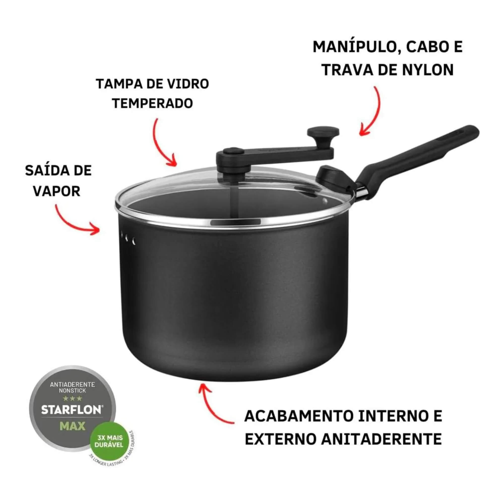 Panela Pipoqueira Alumínio Antiaderente Tampa de Vidro com Trava 4,2L Prata Brinox - 7100/157