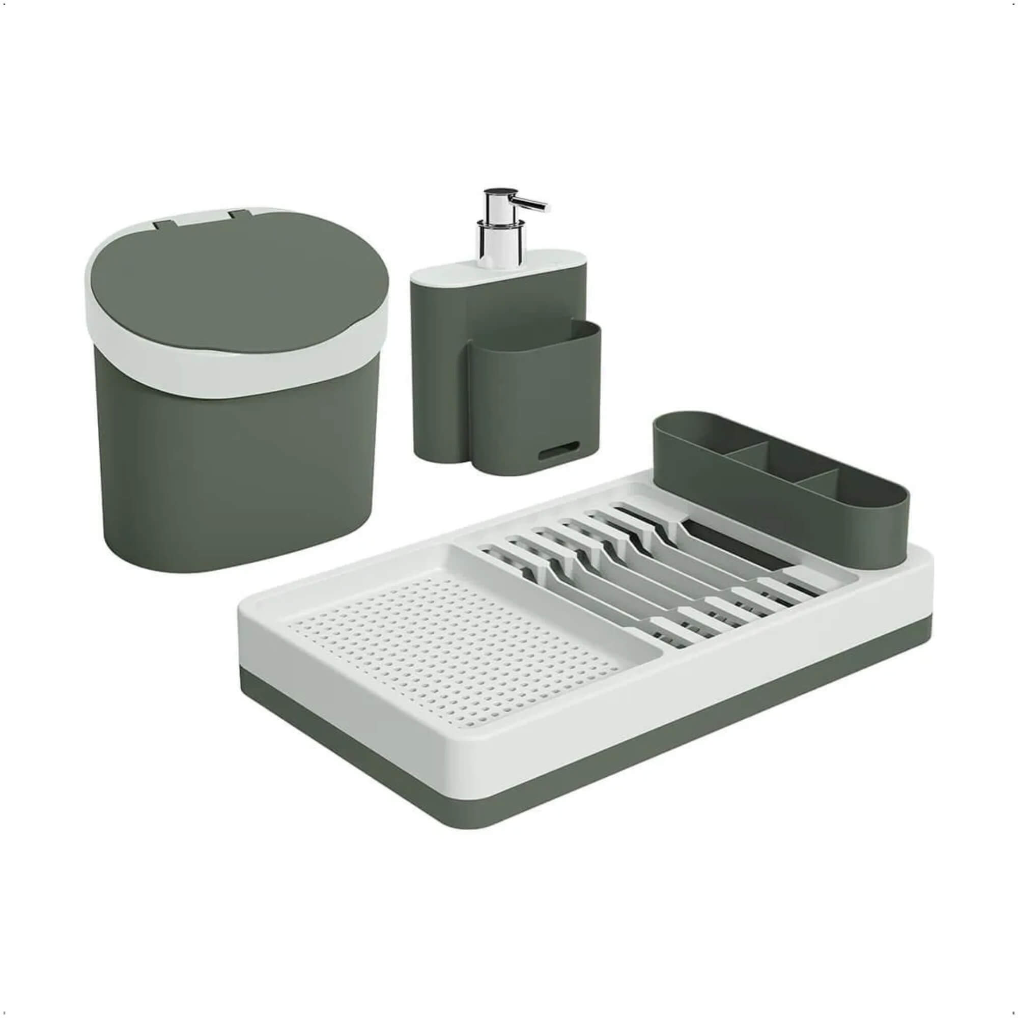 Kit Pia Escorredor Saboneteira Lixeira 3 peças Flora Verde Amazônia Eco Natural - Coza 99401/2113