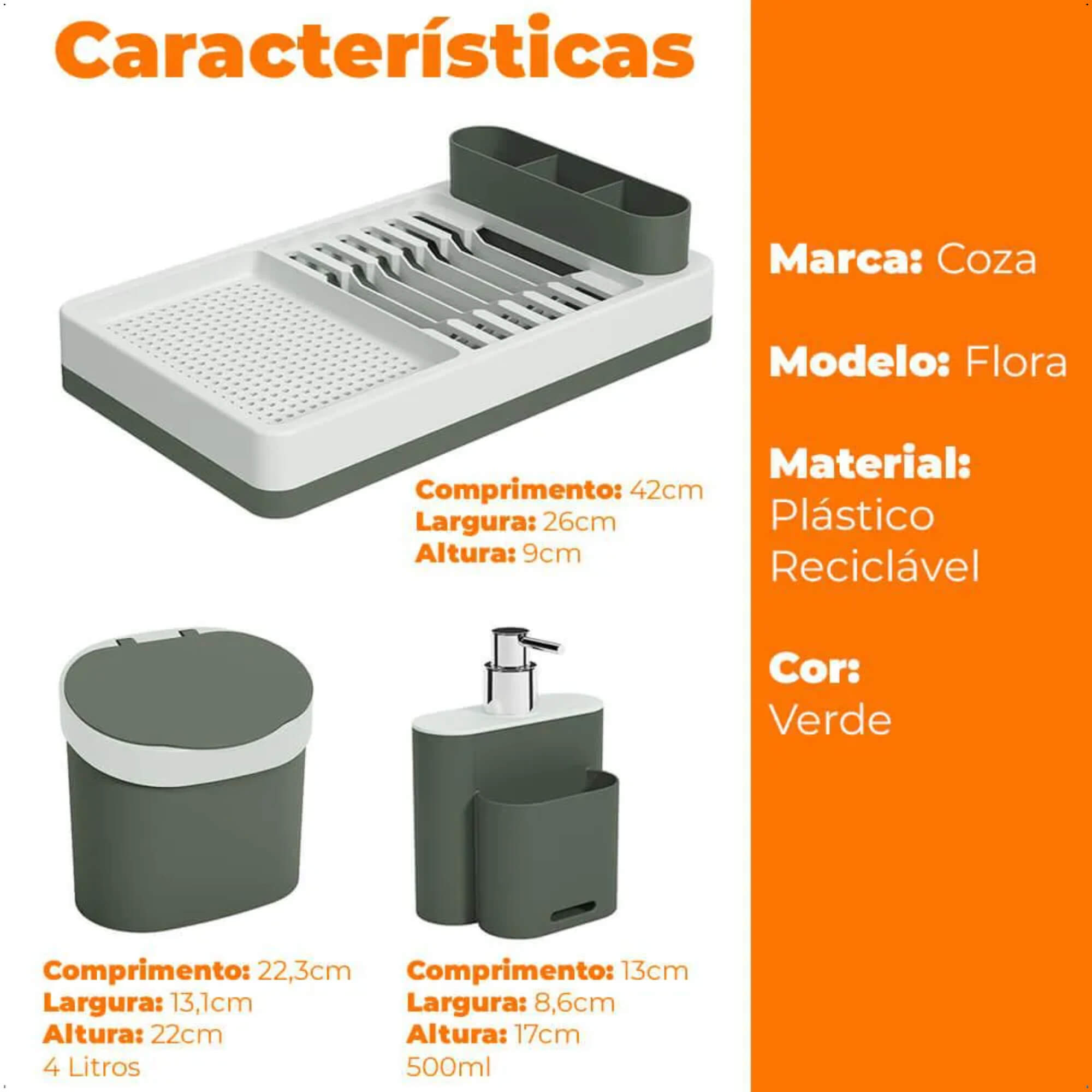 Kit Pia Escorredor Saboneteira Lixeira 3 peças Flora Verde Amazônia Eco Natural - Coza 99401/2113