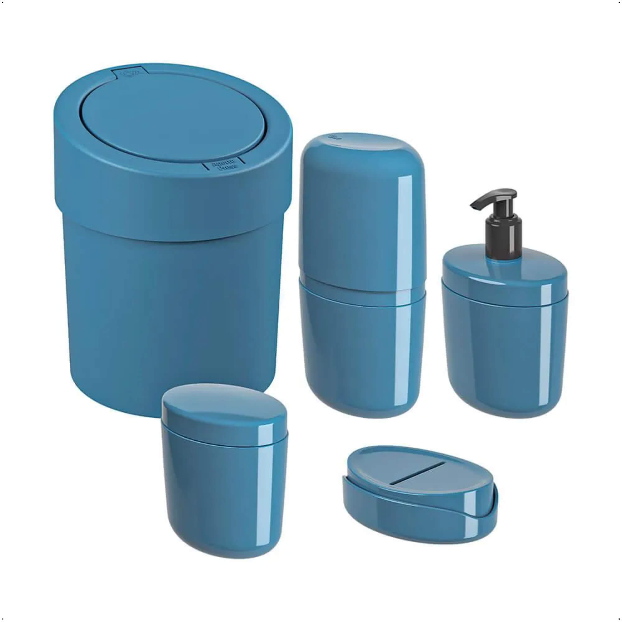 Kit de Banheiro Lixeira Porta Sabonete Saboneteira 5 Peças Flora Ocean Azul Brinox - 99398/2533