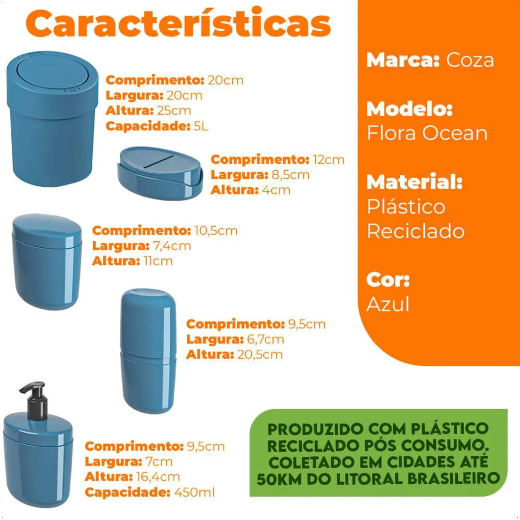 Kit de Banheiro Lixeira Porta Sabonete Saboneteira 5 Peças Flora Ocean Azul Brinox - 99398/2533