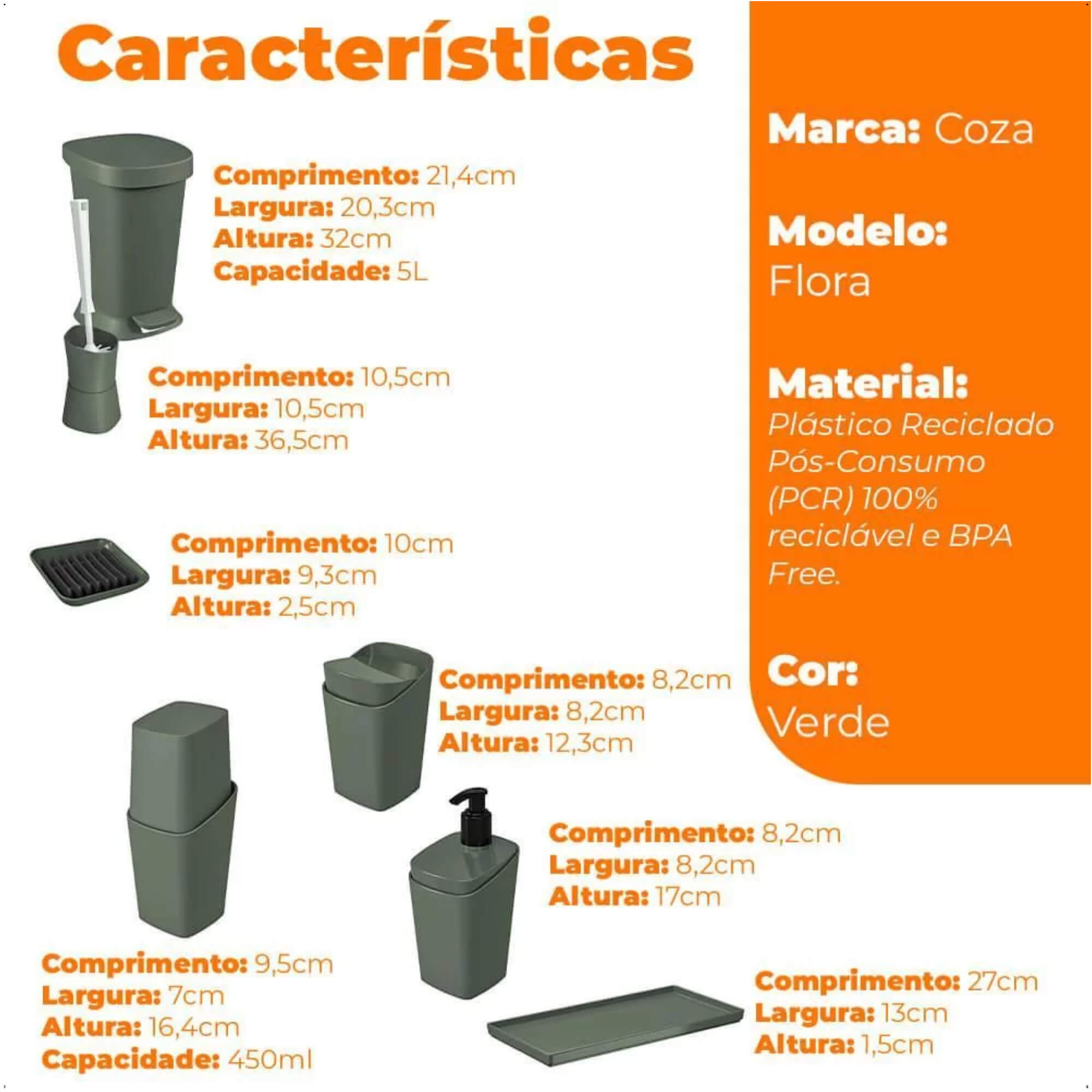 Kit de Banheiro com Lixeira e Escova Sanitária 7 Peças Flora Verde Amazônia Brinox - 99400/2530