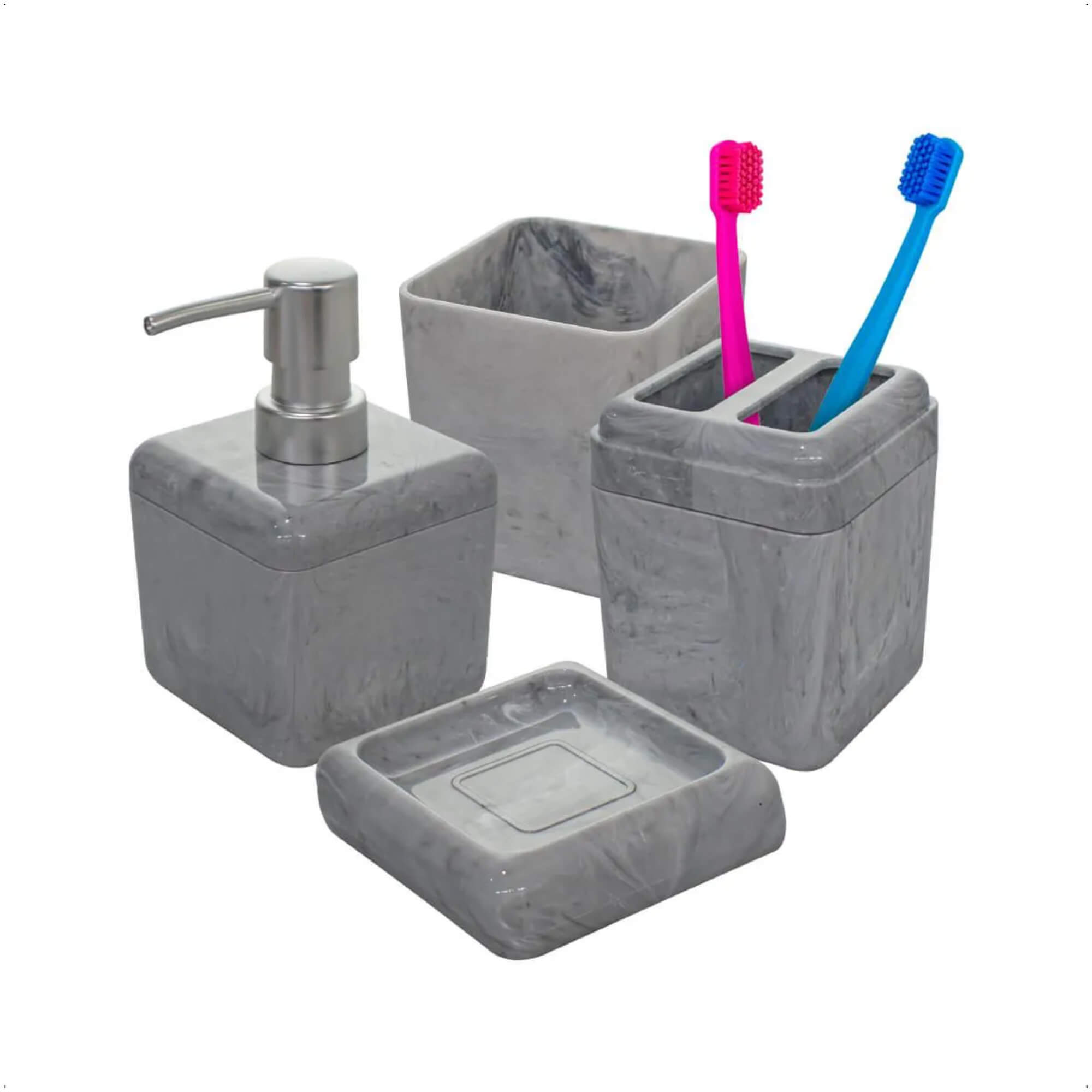 Kit de Acessórios Banheiro Lavabo 3 peças Cube Marmorizado Cinza - Coza 99357/2480