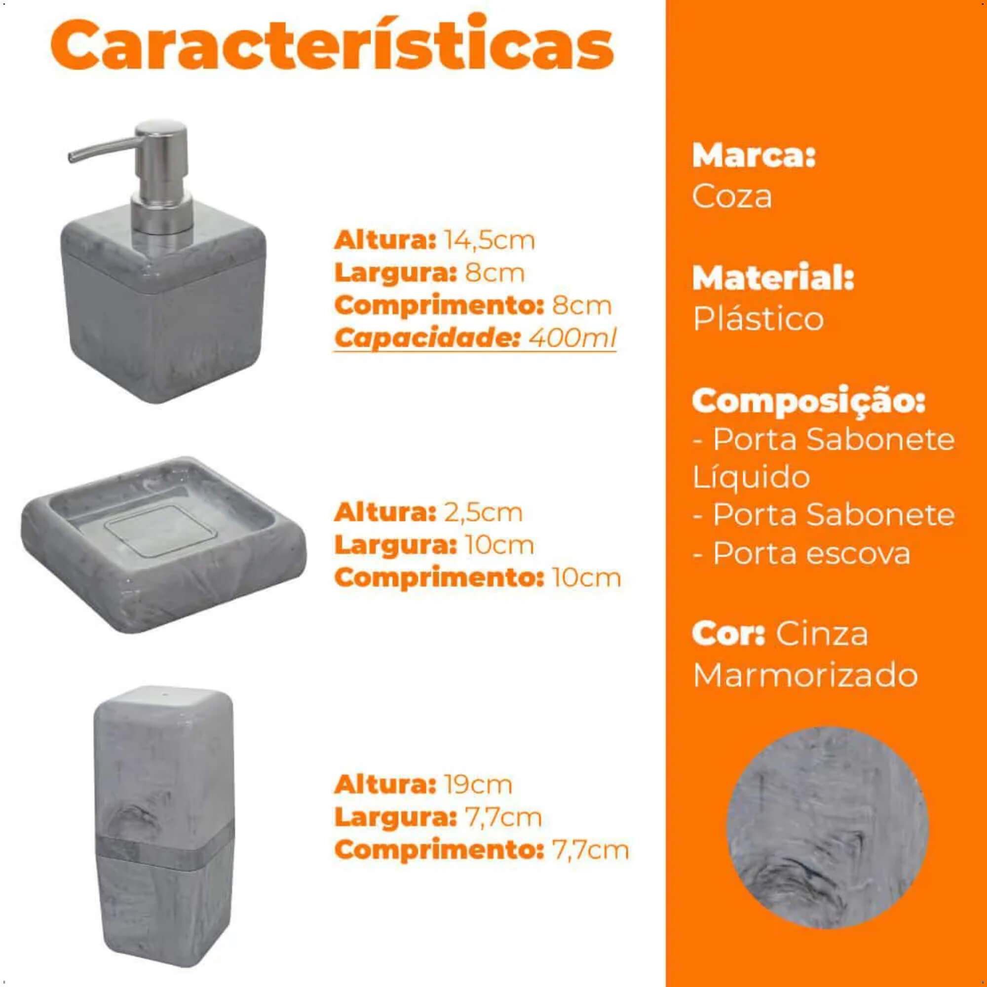 Kit de Acessórios Banheiro Lavabo 3 peças Cube Marmorizado Cinza - Coza 99357/2480