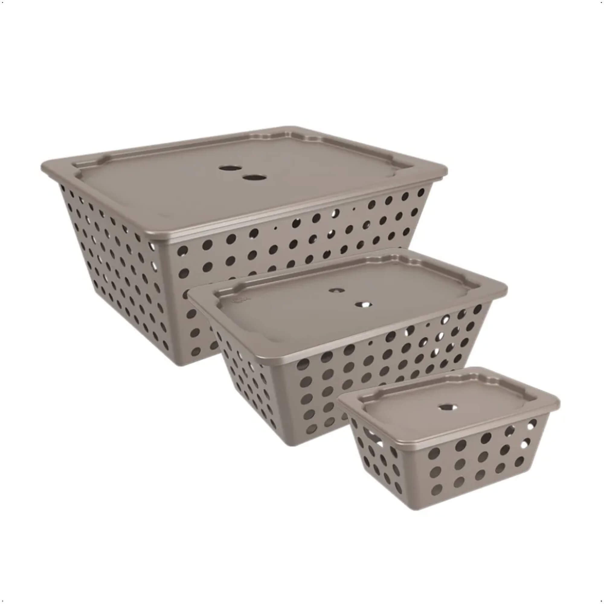 Kit de Cestos Organizadores One Cinza com Tampa 3 Peças Coza/Brinox - 99360/2126