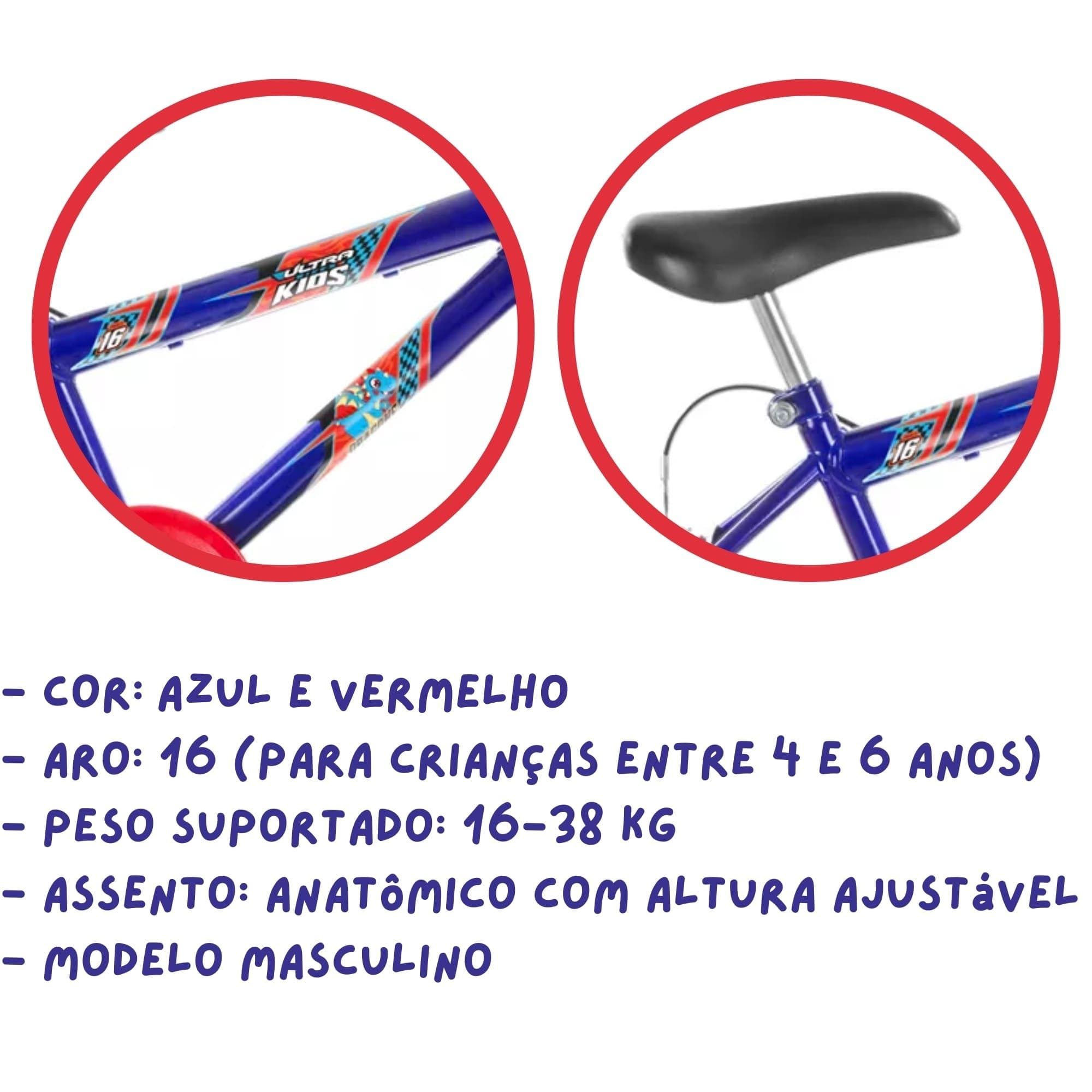 Bicicleta Infantil Azul Vermelho Aro 16 Crianças de 4 a 6 anos Cesta Buzina Ultrabikes BM16-01AZVM