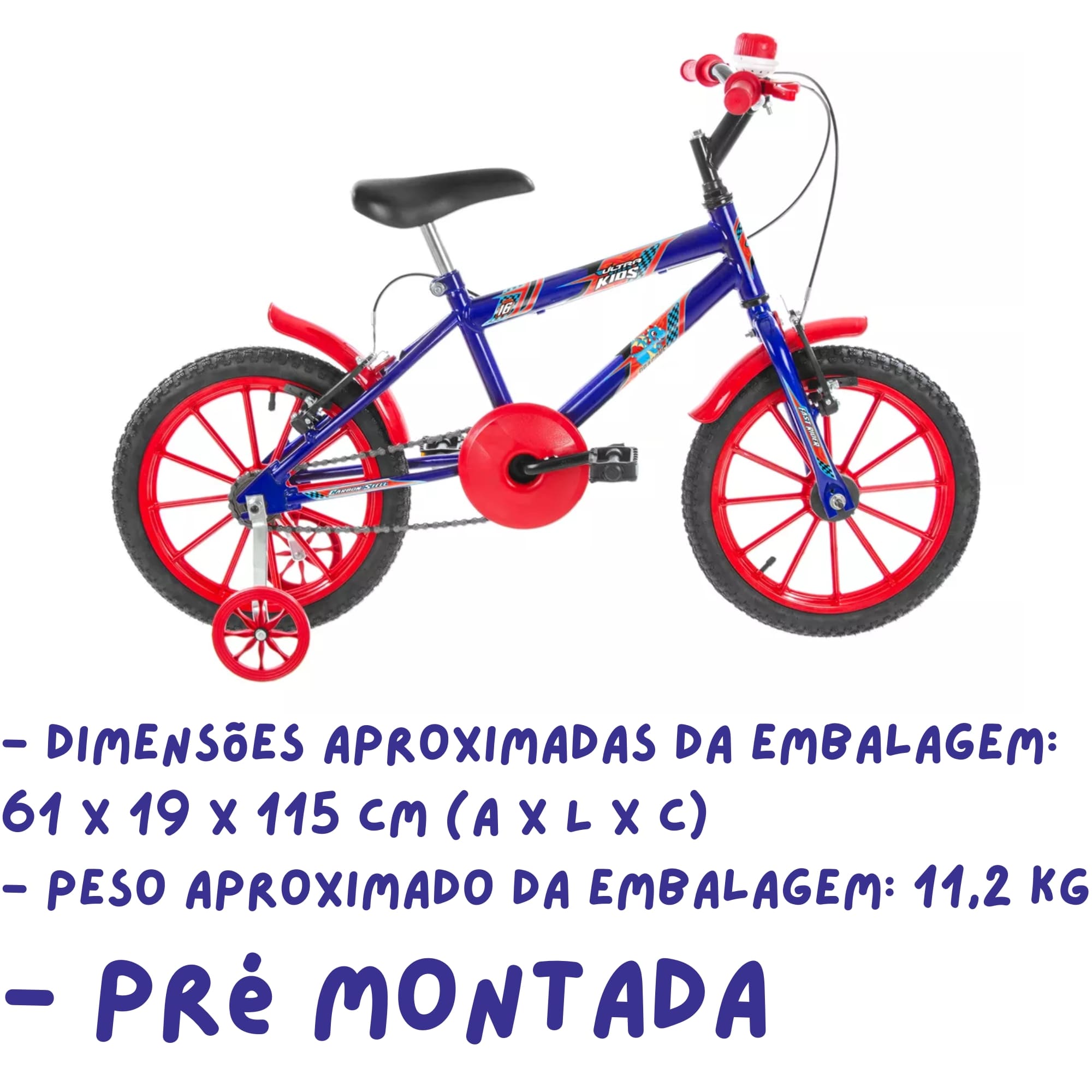 Bicicleta Infantil Azul Vermelho Aro 16 Crianças de 4 a 6 anos Cesta Buzina Ultrabikes BM16-01AZVM